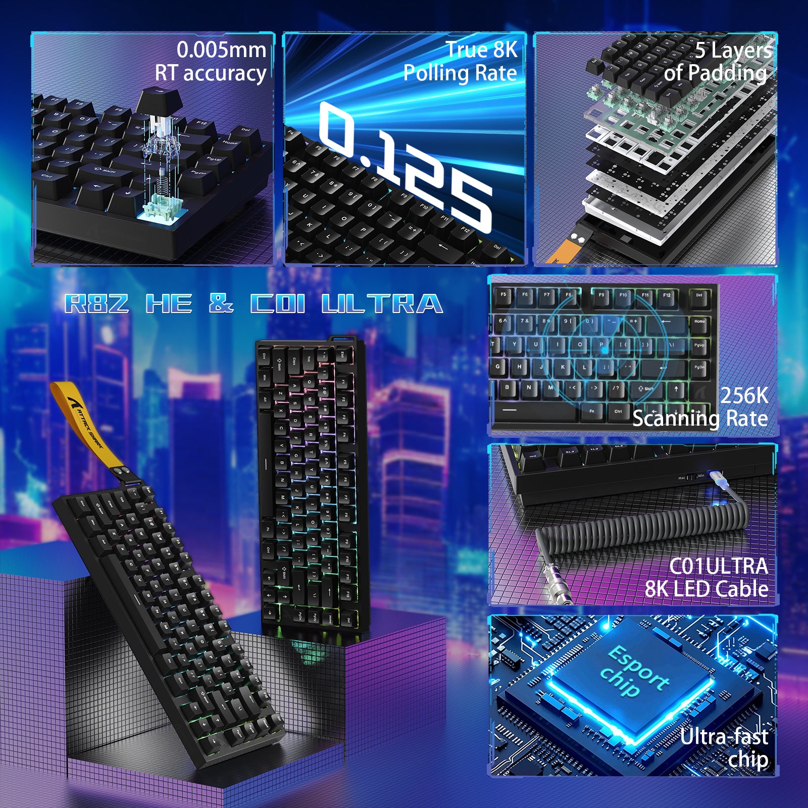 Teclado para juegos con cable ATTACK SHARK R82 HE 75% con cable LED C01ULTRA