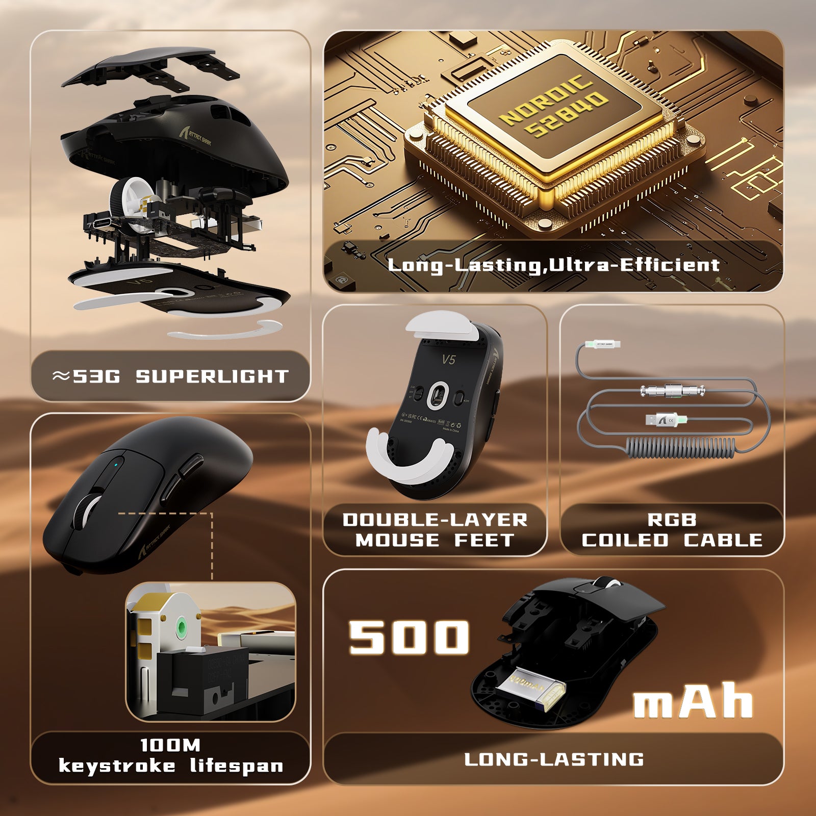 ATTACK SHARK V5 8KHz Wireless PAW3950MAX Gaming-Maus mit C06 Ultra-Kabel