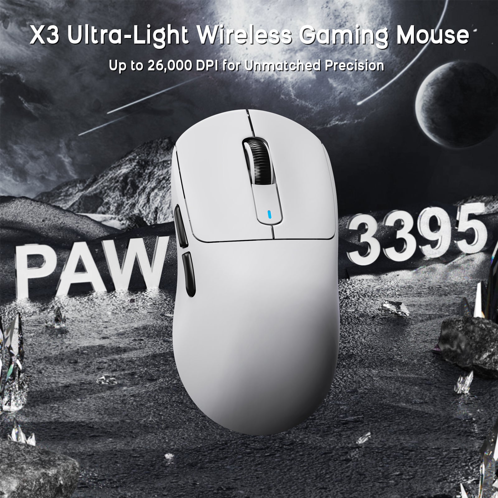 ATTACK SHARK X3 Ultra-Light Wireless Gaming Mouse, white, PAW3395 sensor with 26,000 DPI for unmatched precision.
