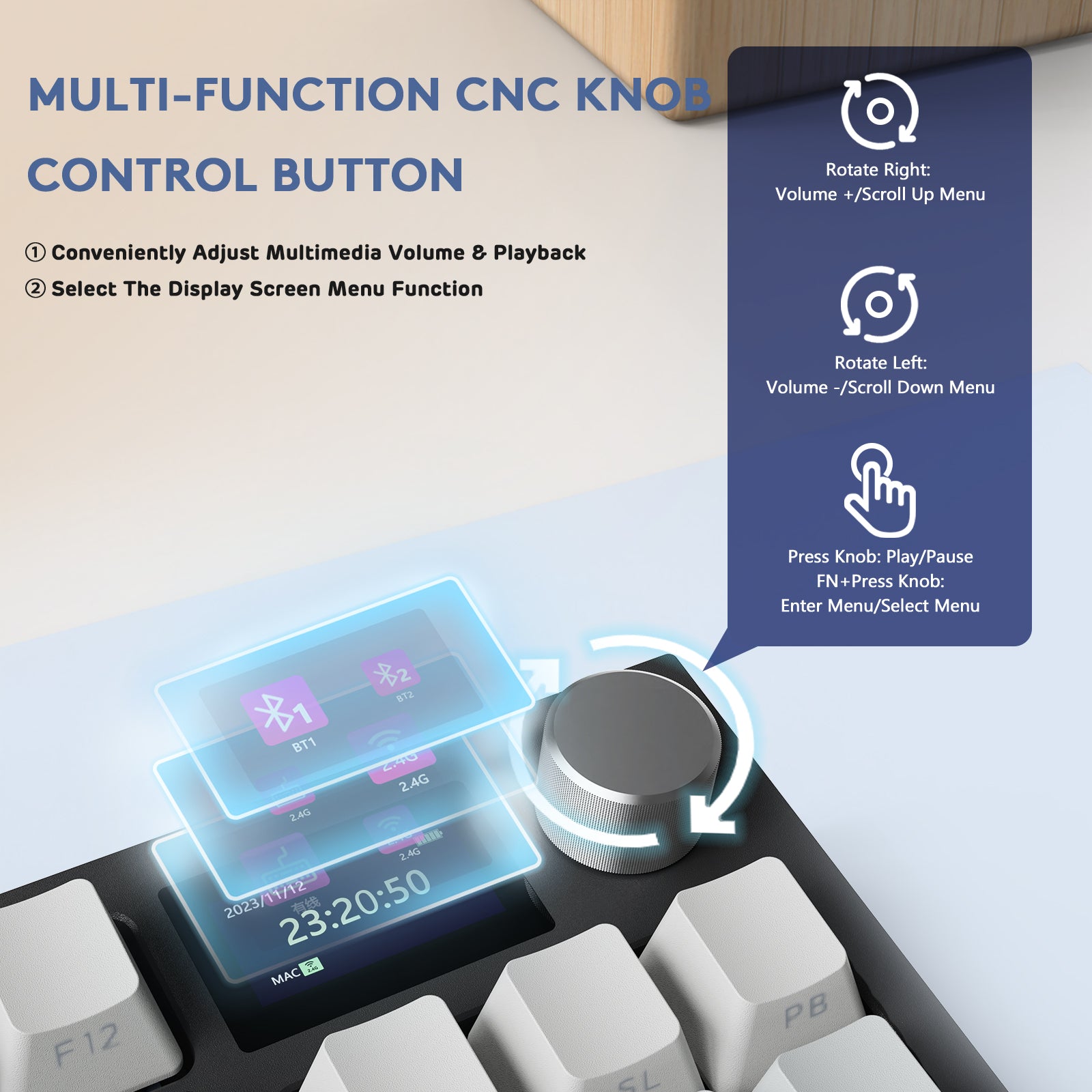 ATTACK SHARK K86 Pro mechanical keyboard with CNC knob for volume and display control.
