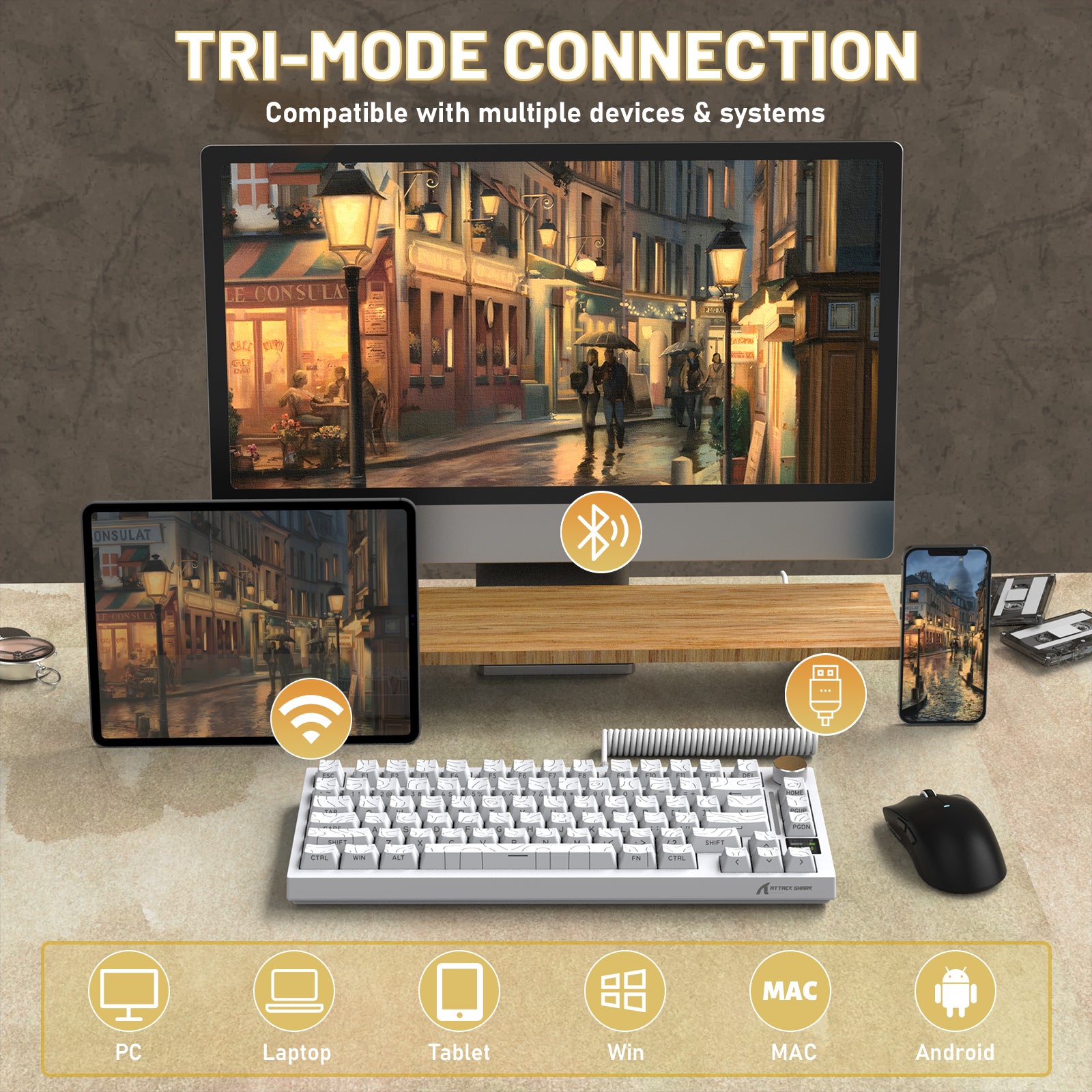 ATTACK SHARK X820ULTRA white mechanical keyboard, coiled cable, tri-mode connectivity shown with PC, tablet, and phone.