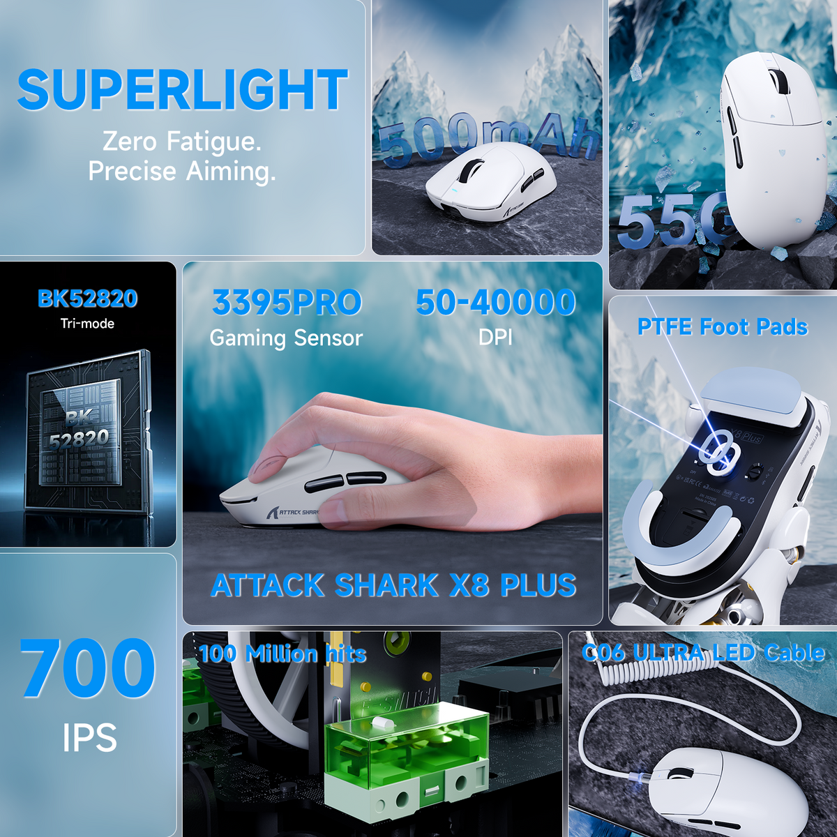 Mouse gamer sem fio de três modos ATTACK SHARK X8 PLUS com cabo C06 ULTRA
