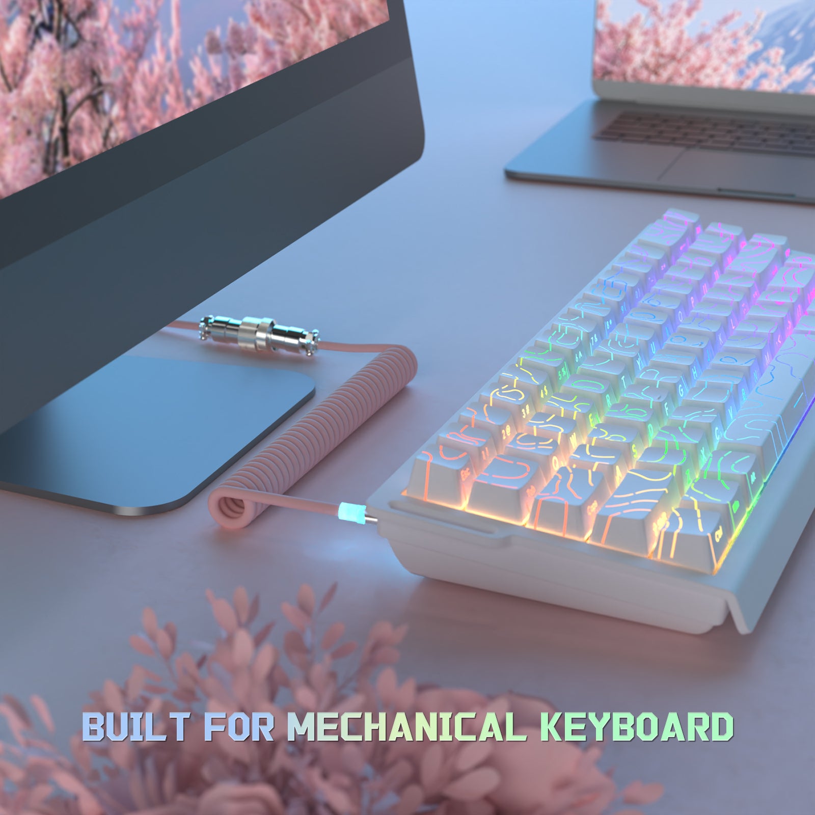 Pink ATTACK SHARK coiled aviator cable, metal connector, connected to mechanical keyboard with RGB lighting.