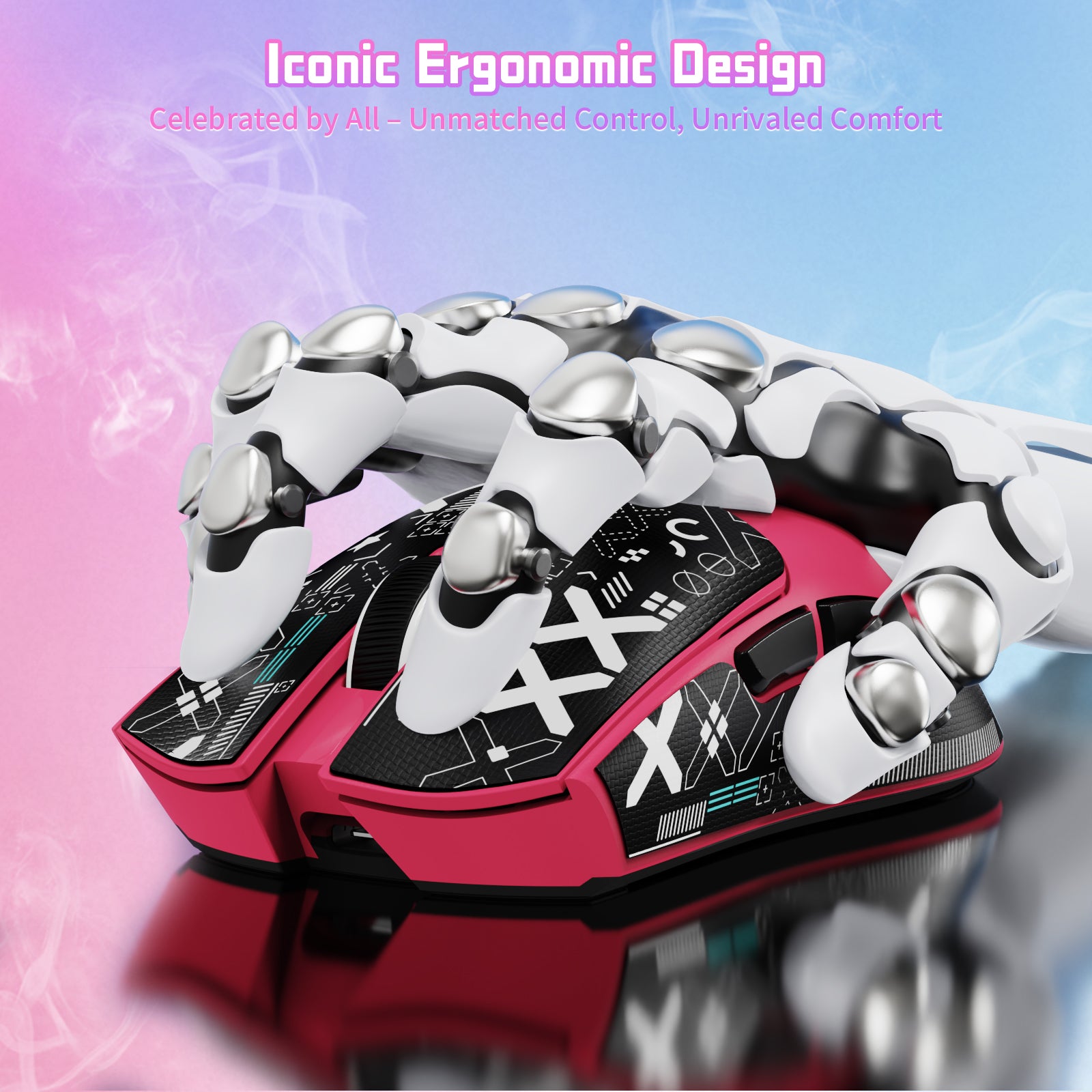 ATTACK SHARK X11SE ergonomic gaming mouse held by a robotic hand, showcasing iconic design, red color