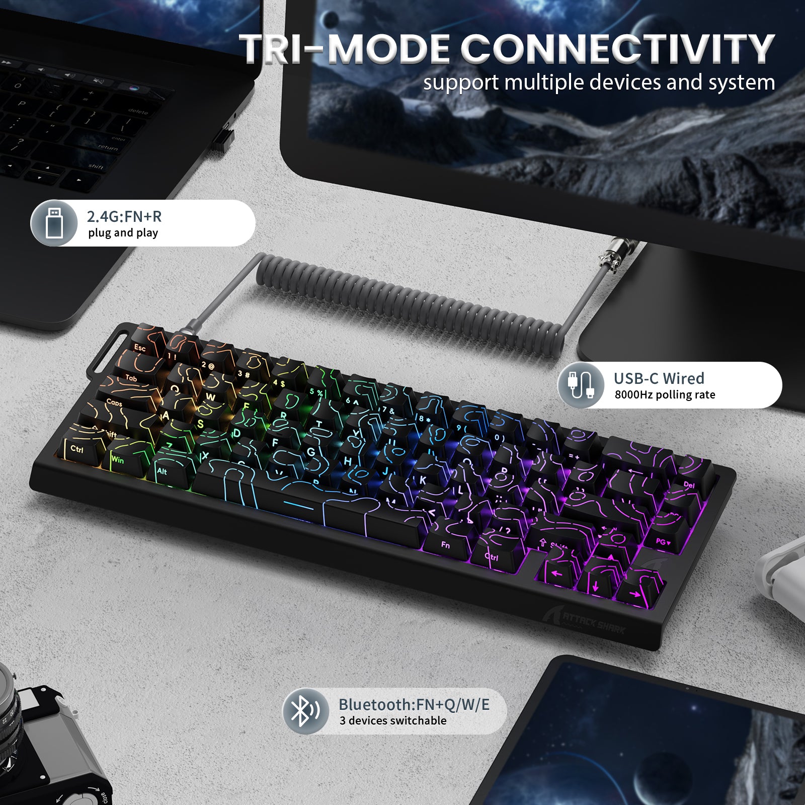 ATTACK SHARK X68PRO HE Kabellose Rapid Trigger-Tastatur mit Spiralkabel