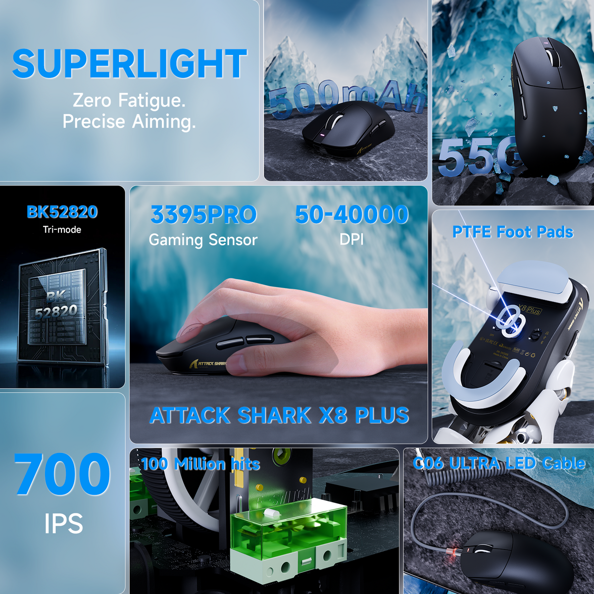 Mouse gamer sem fio de três modos ATTACK SHARK X8 PLUS com cabo C06 ULTRA