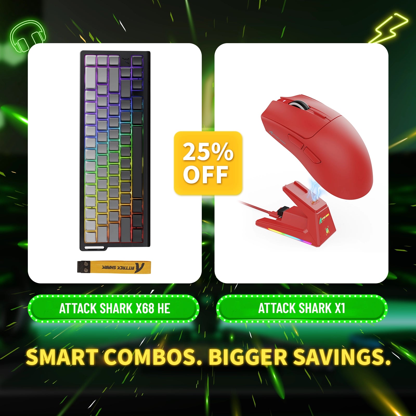 Pack clavier à déclenchement rapide ATTACK SHARK X68HE + souris de jeu sans fil X1