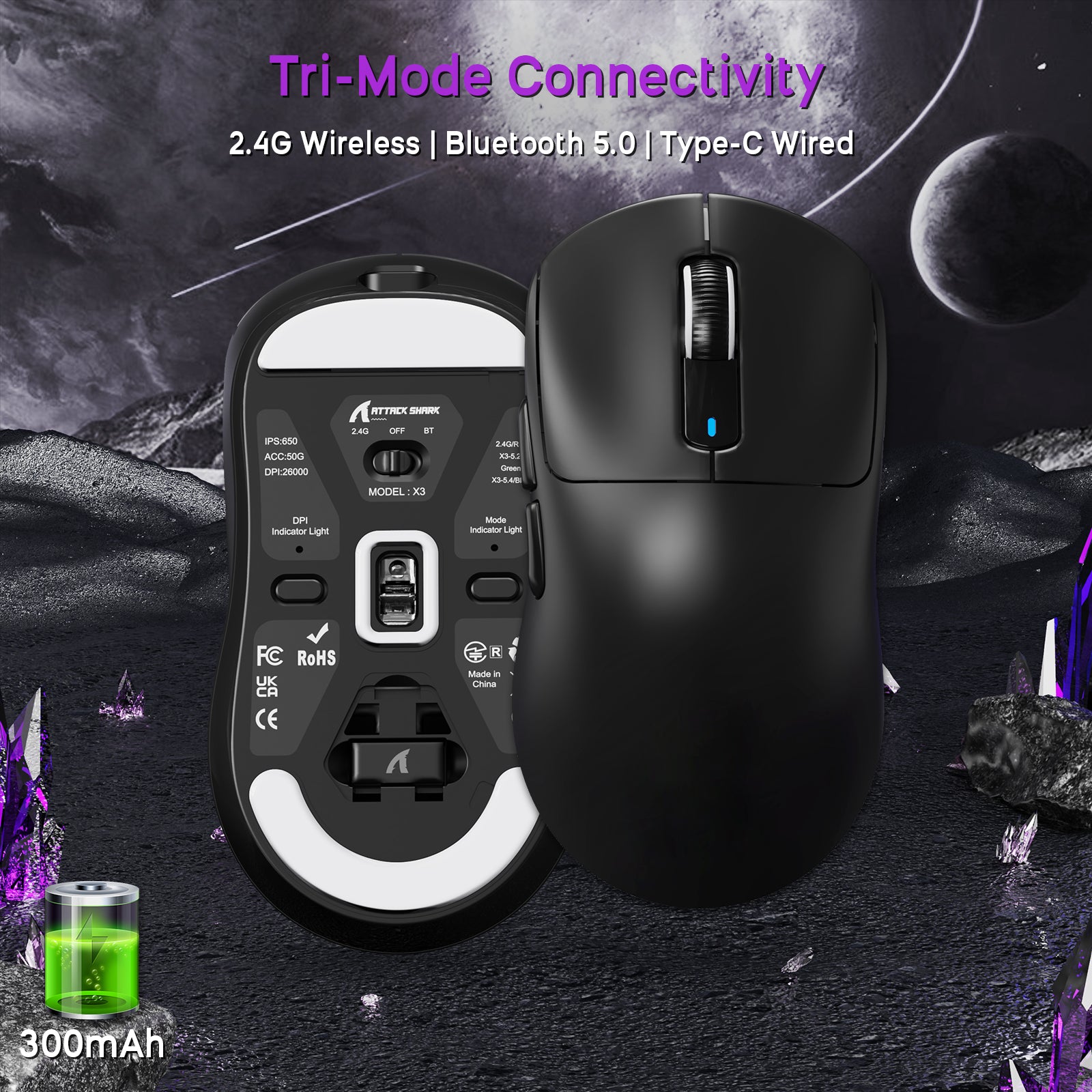ATTACK SHARK X3 gaming mouse with Tri-Mode connectivity: 2.4G Wireless, Bluetooth, and wired options.