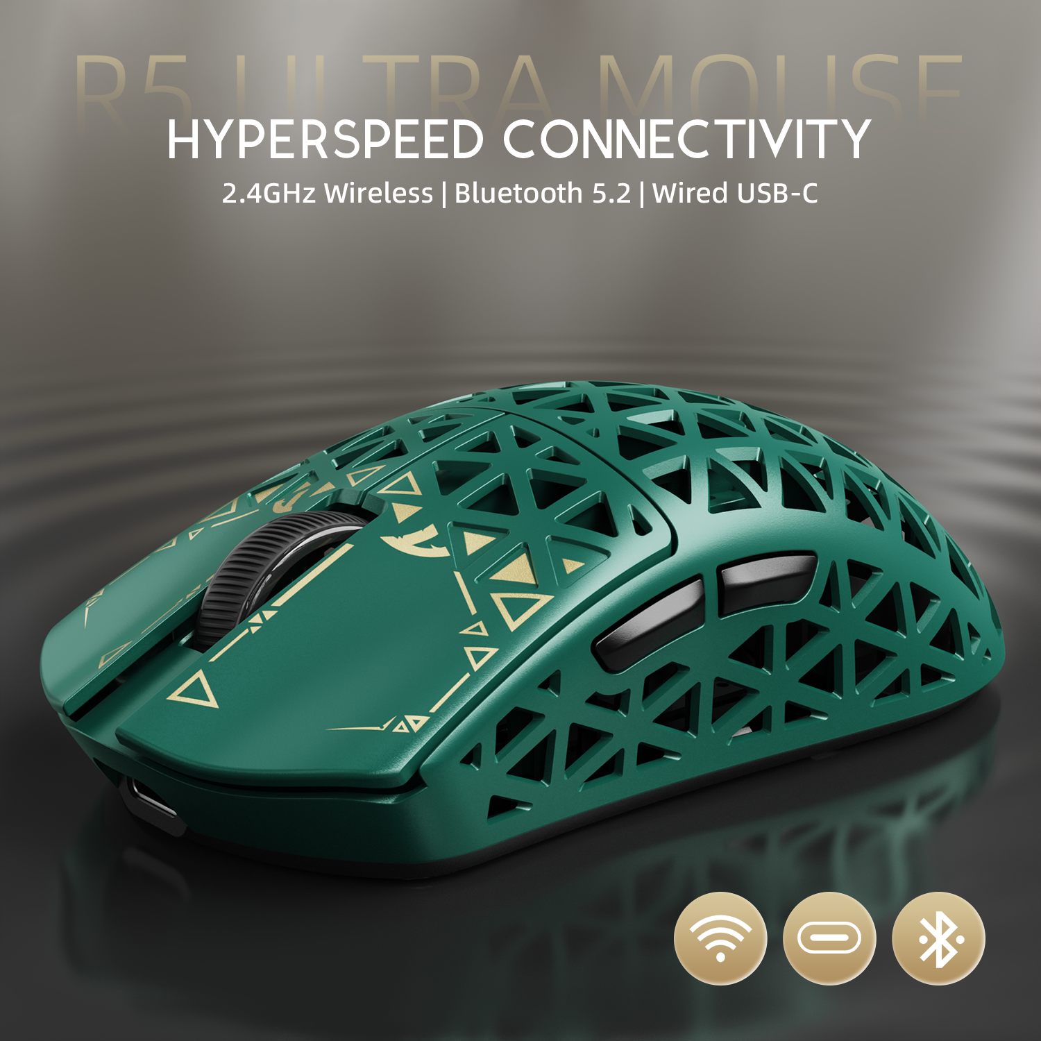 ATTACK SHARK R5 Ultra gaming mouse, teal carbon fiber, wireless, Bluetooth, USB-C, and HYPERSPEED CONNECTIVITY.