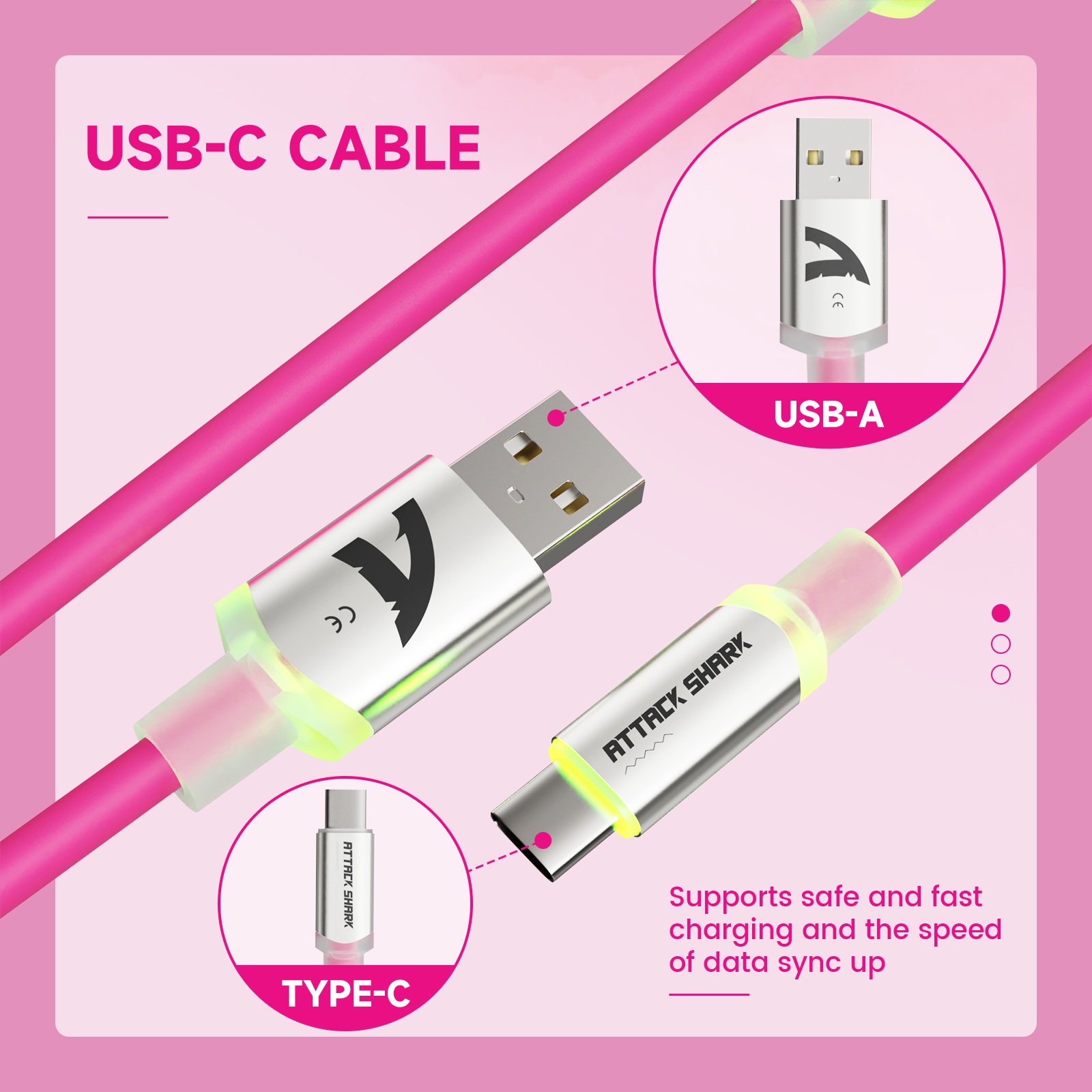 Pink USB-C cable with Attack Shark logo, showing USB-A and USB-C connectors.