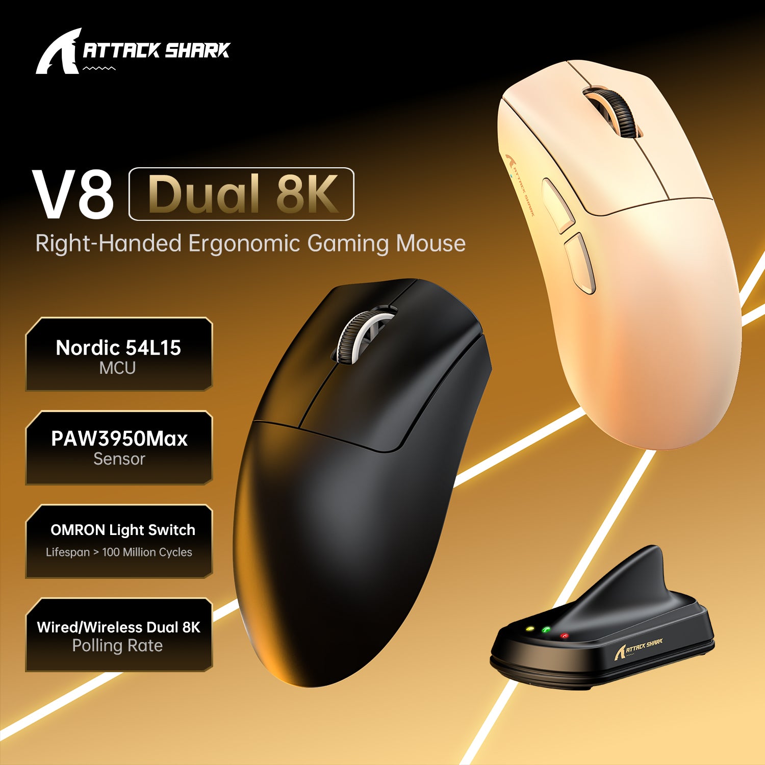 ATTACK SHARK V8 Ultra-Light Ergonomic Wireless Gaming Mouse