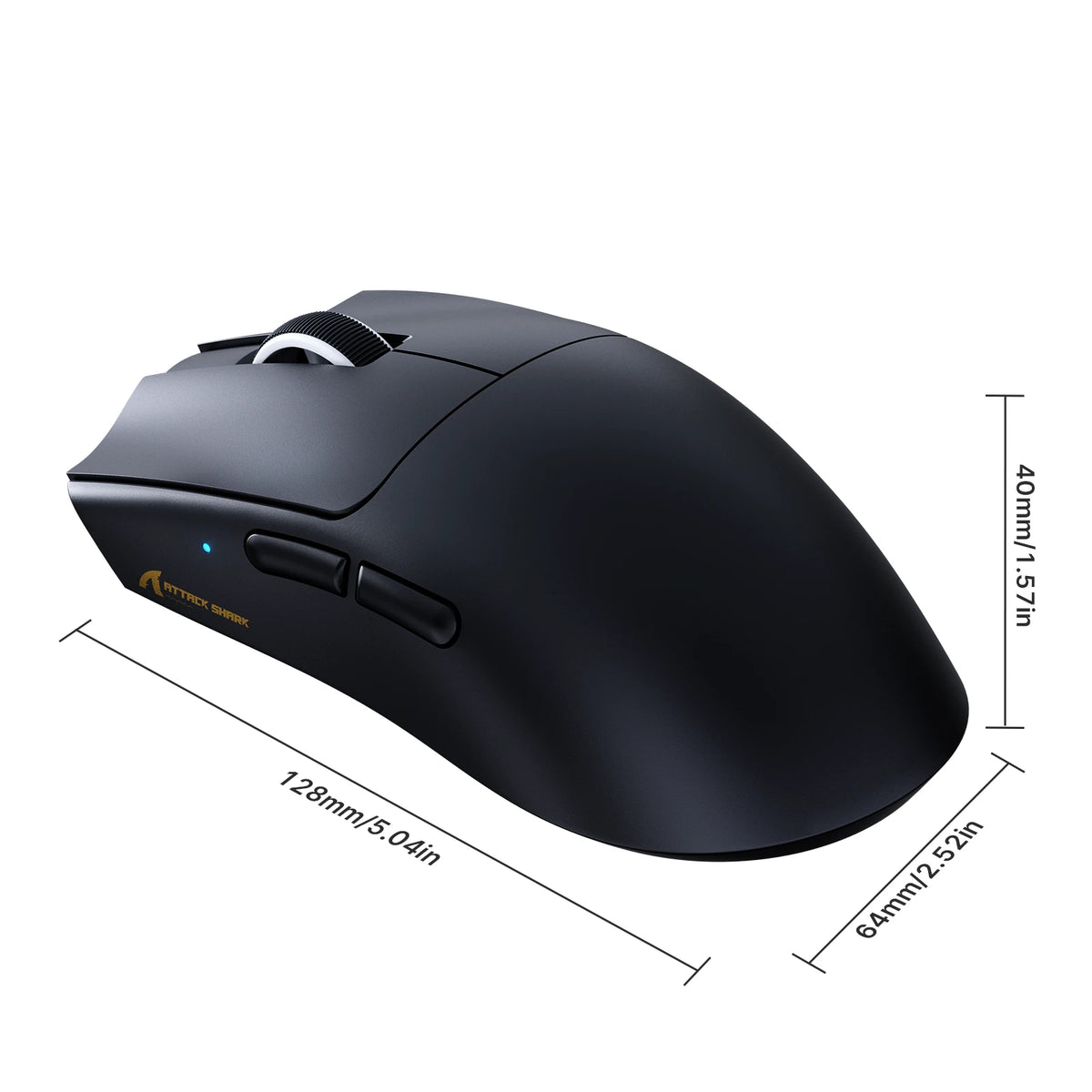 ATTACK SHARK MEGA B2 black wireless gaming mouse with 128 x 64 x 40 mm dimensions