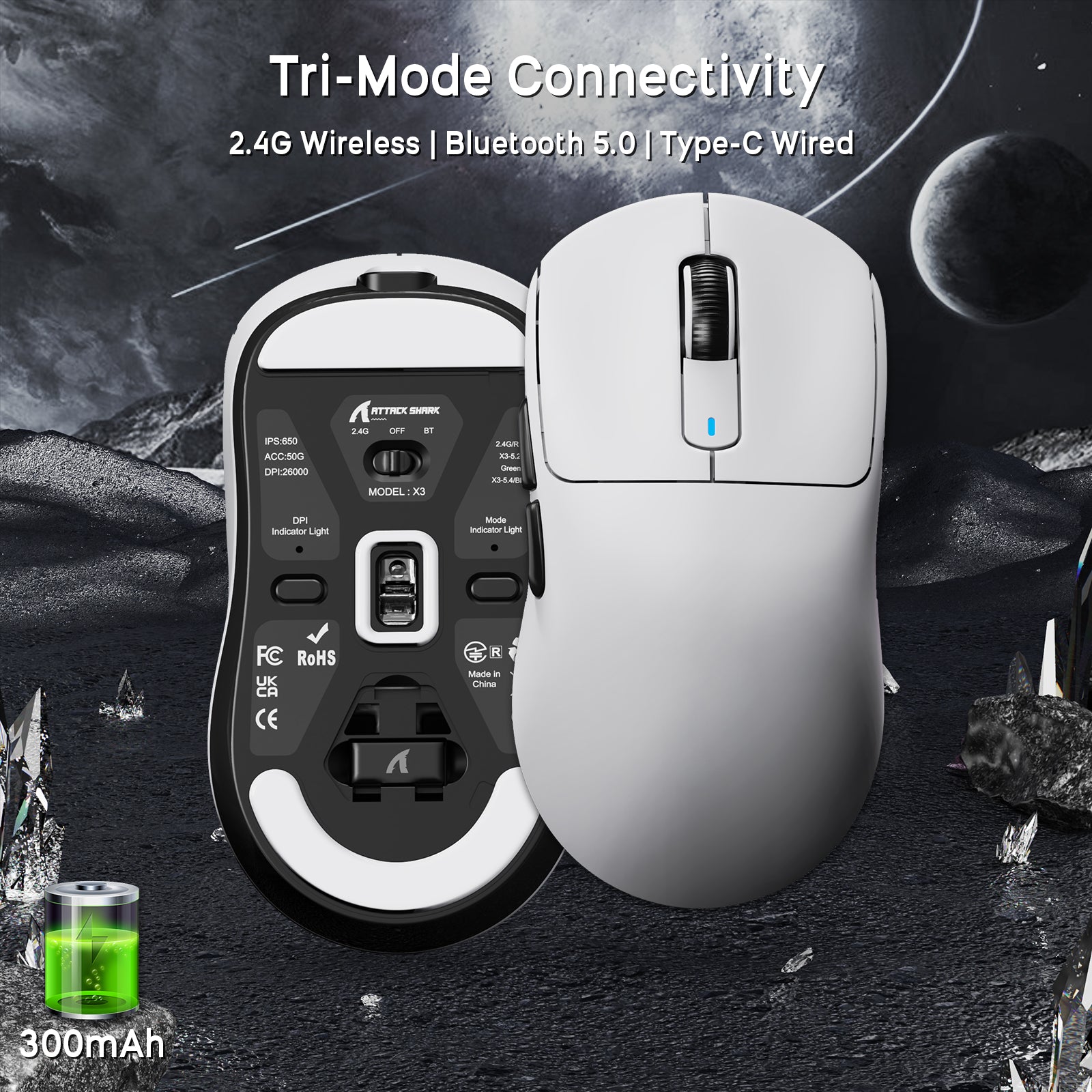 ATTACK SHARK X3 gaming mouse with Tri-Mode connectivity: 2.4G, Bluetooth, and wired options.