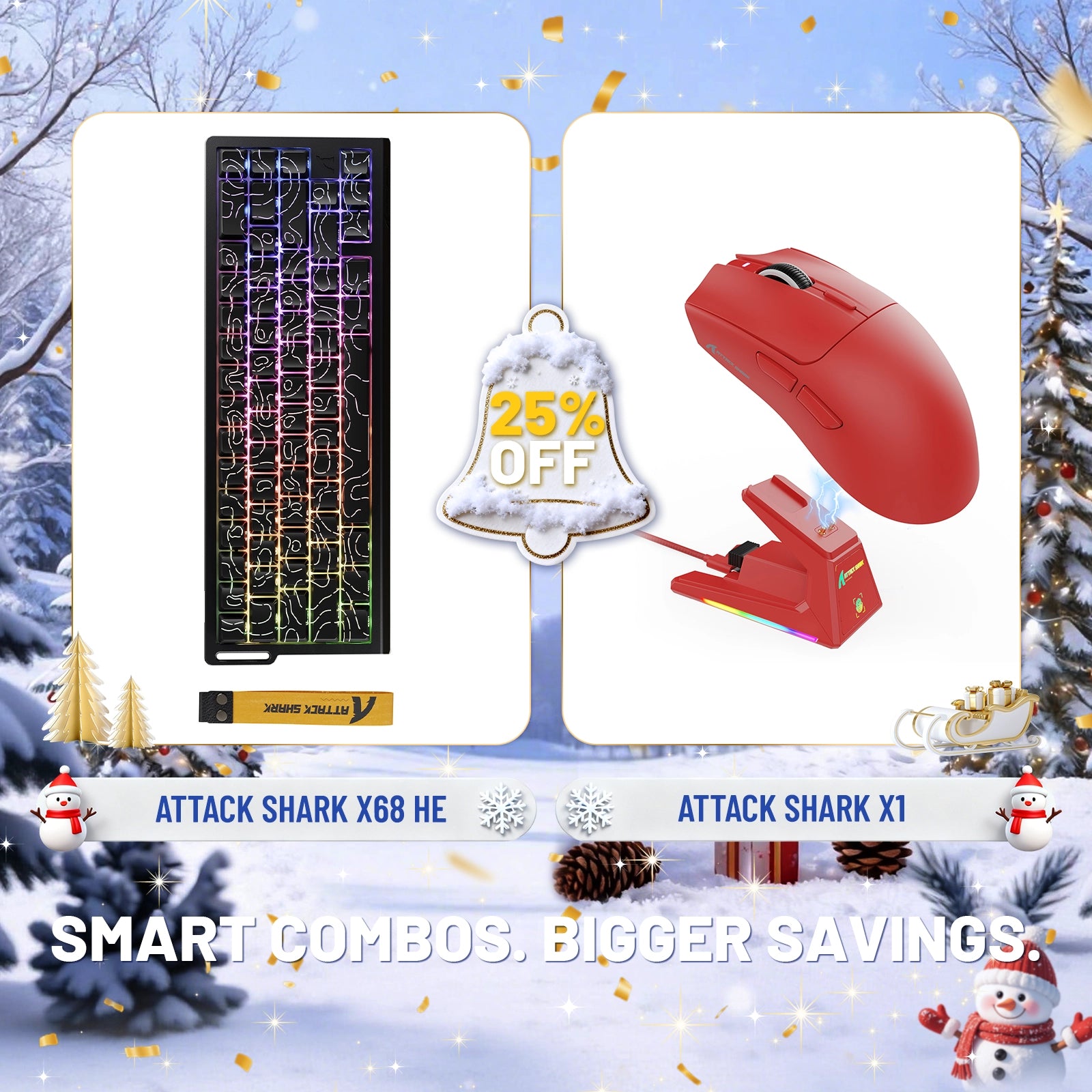 Paquete de teclado de disparo rápido ATTACK SHARK X68HE + ratón inalámbrico para juegos X1