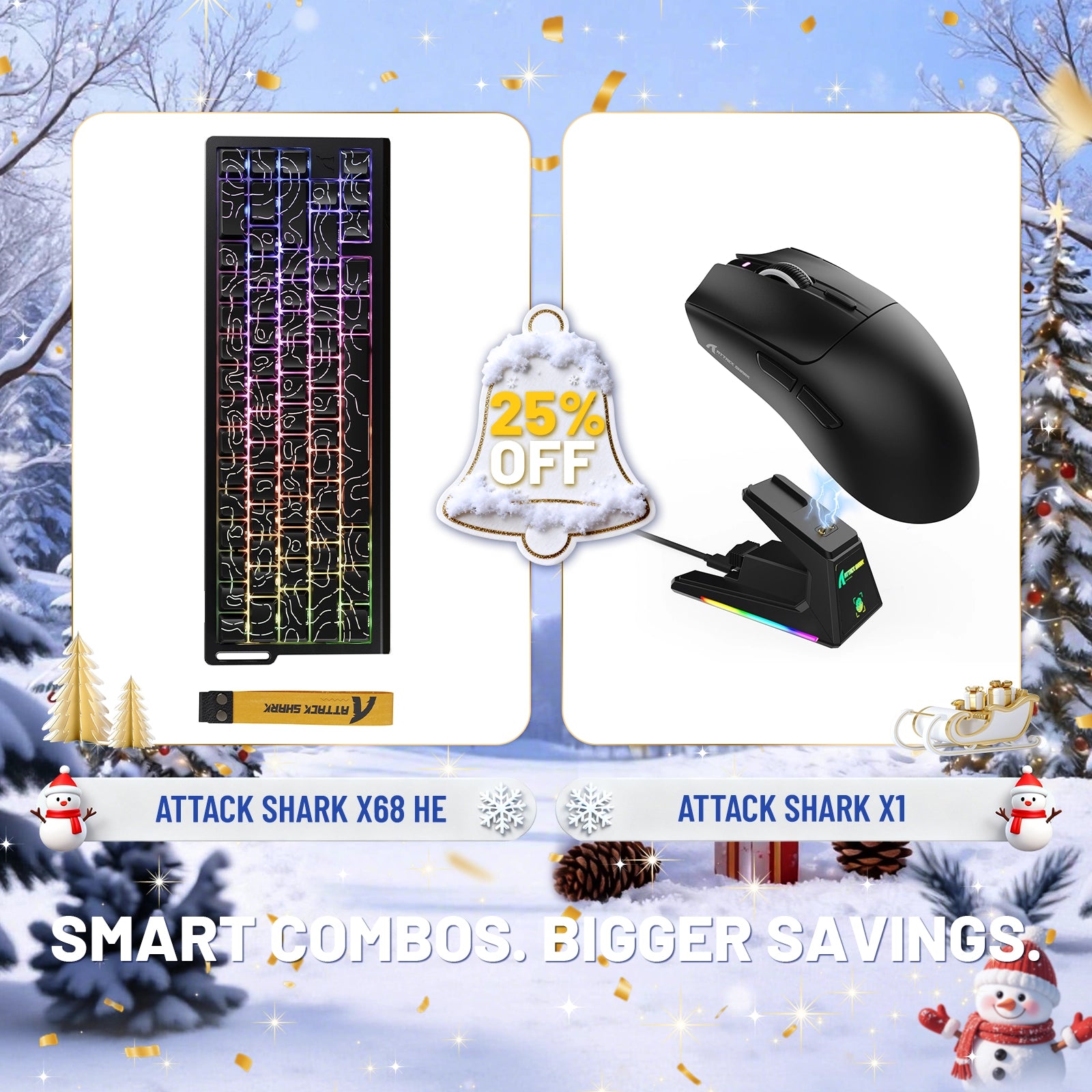 Paquete de teclado de disparo rápido ATTACK SHARK X68HE + ratón inalámbrico para juegos X1