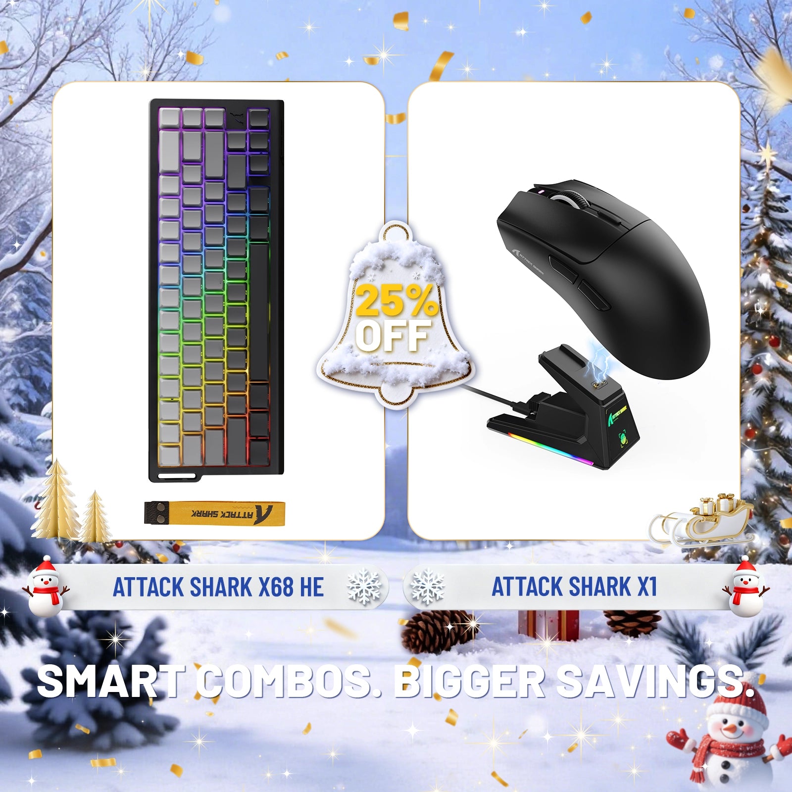 Paquete de teclado de disparo rápido ATTACK SHARK X68HE + ratón inalámbrico para juegos X1