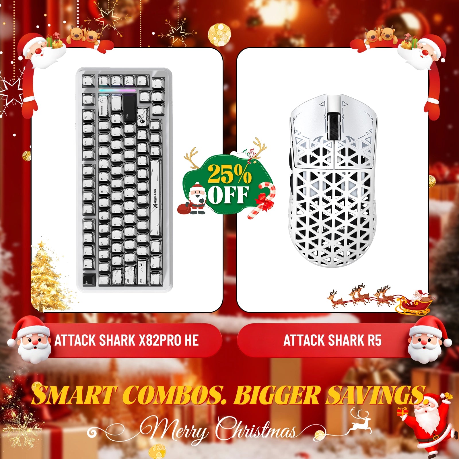 Paquete de teclado de disparo rápido ATTACK SHARK X82PRO HE + ratón inalámbrico para juegos de fibra de carbono R5