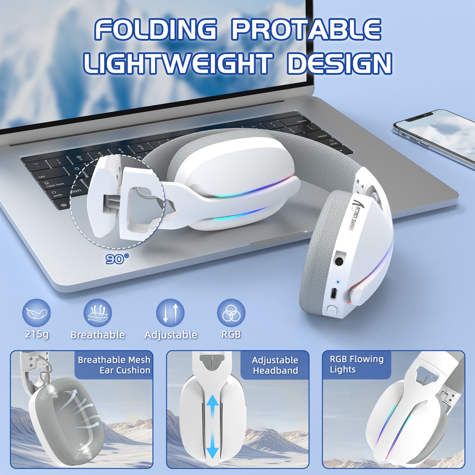 ATTACK SHARK L90 Foldable Gaming Headset - White with RGB Lights and Adjustable Features