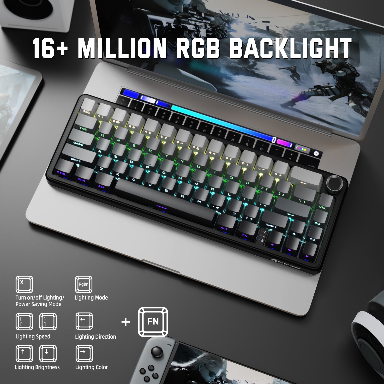 ATTACK SHARK X66 mechanical keyboard with 16+ million RGB backlight and function control keys, gaming keyboard