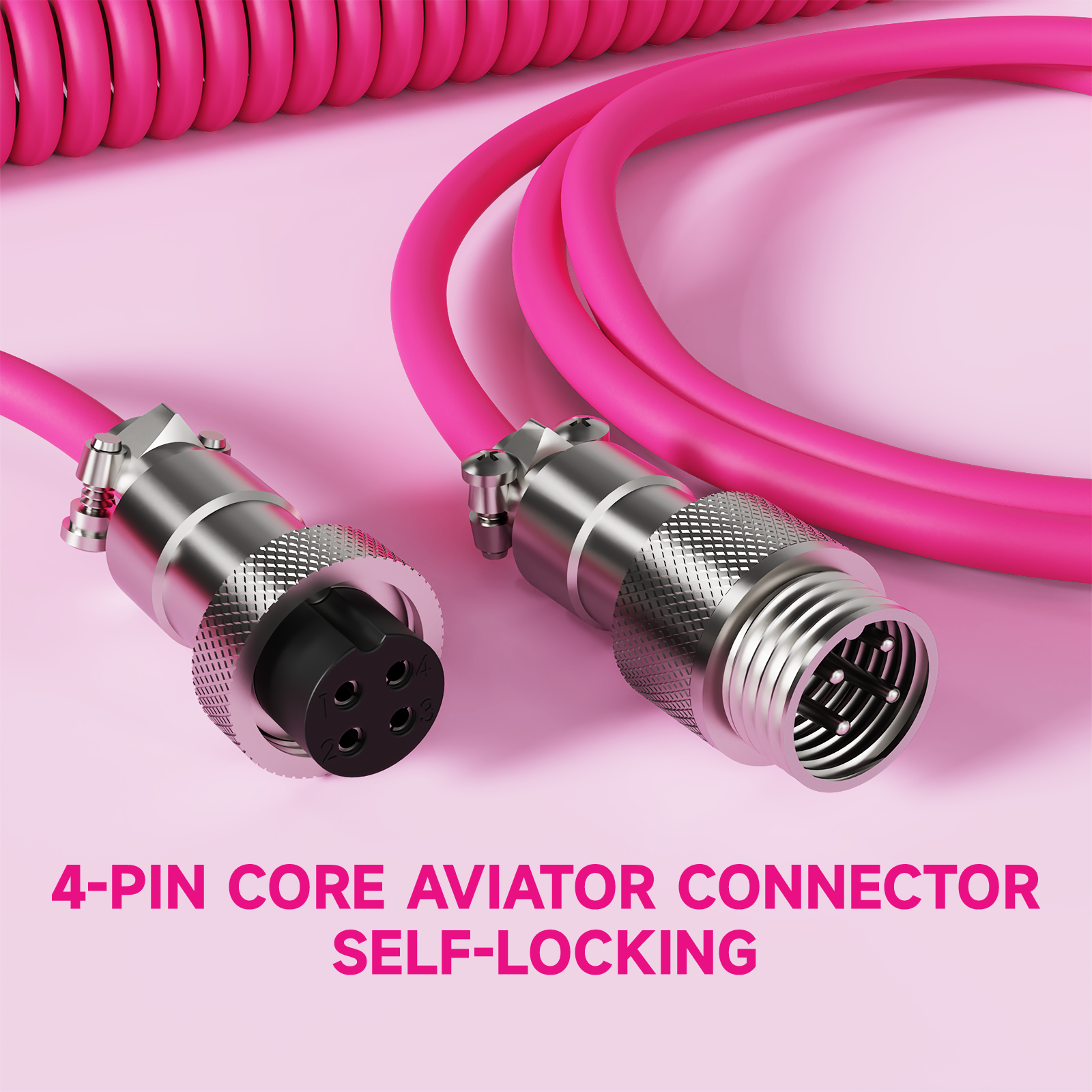 Pink coiled aviator cable with silver 4-pin self-locking connector