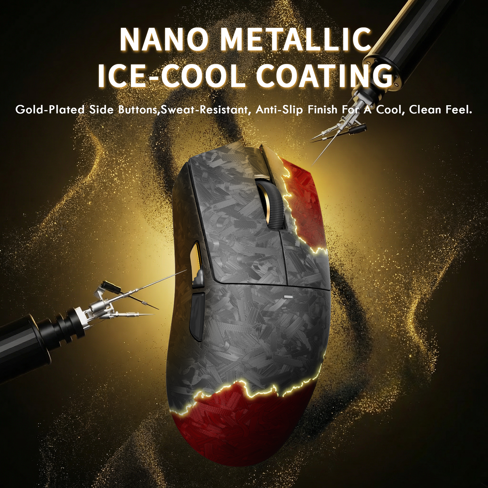 ATTACK SHARK X11 ULTRA gaming mouse with carbon fiber, ice-cool nano coating, gold buttons.