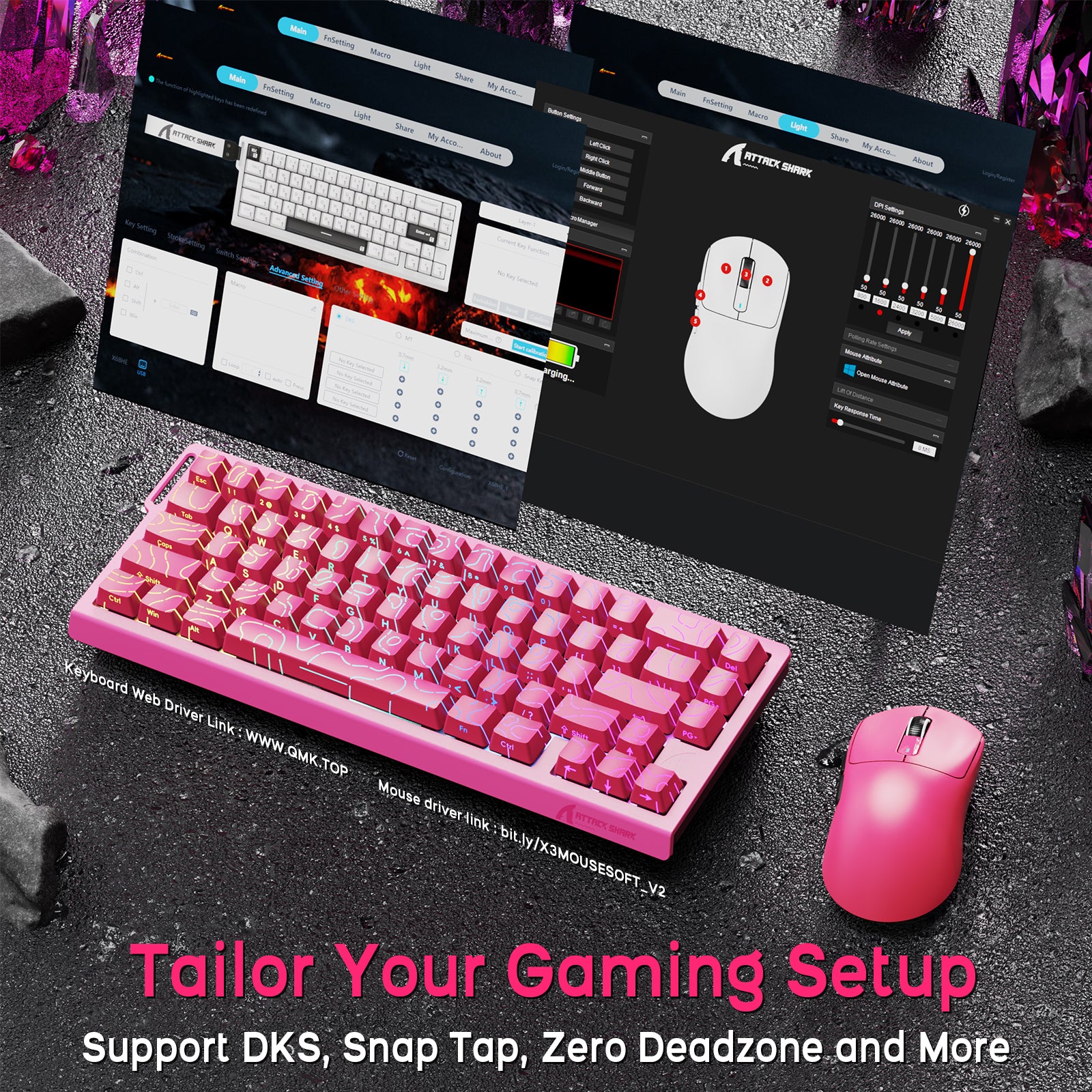 ATTACK SHARK X68HE keyboard and X3 mouse combo, pink, customizable RGB gaming setup with DKS, Snap Tap.