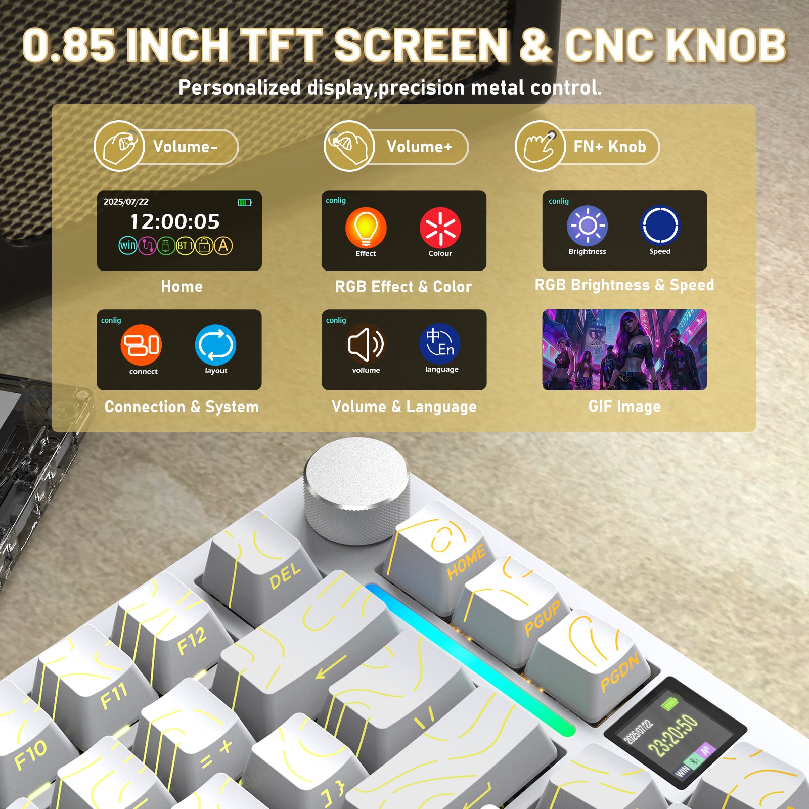 ATTACK SHARK X820ULTRA mechanical keyboard with 0.85-inch TFT screen, CNC knob, and customizable RGB lighting.