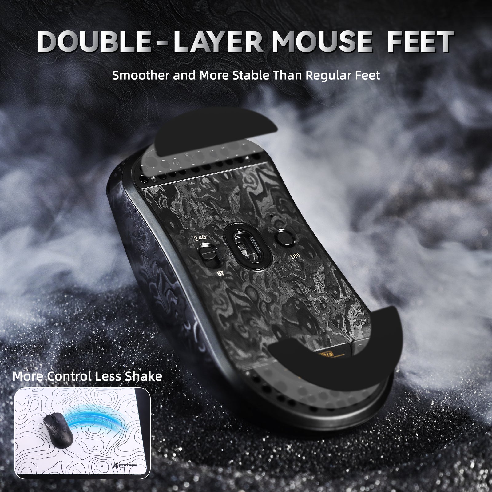 ATTACK SHARK R11 ULTRA gaming mouse bottom, carbon fiber texture, double-layer feet.