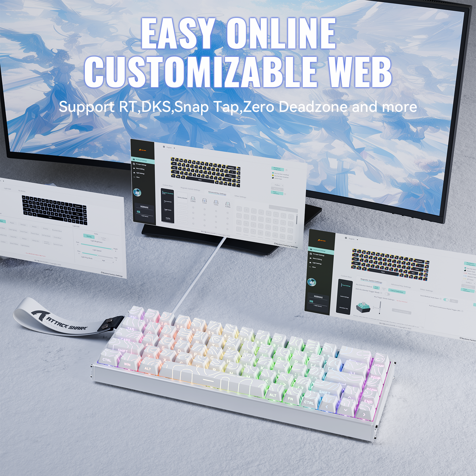 ATTACK SHARK X68MAX HE keyboard with customizable web settings, RGB lighting, and magnetic switches