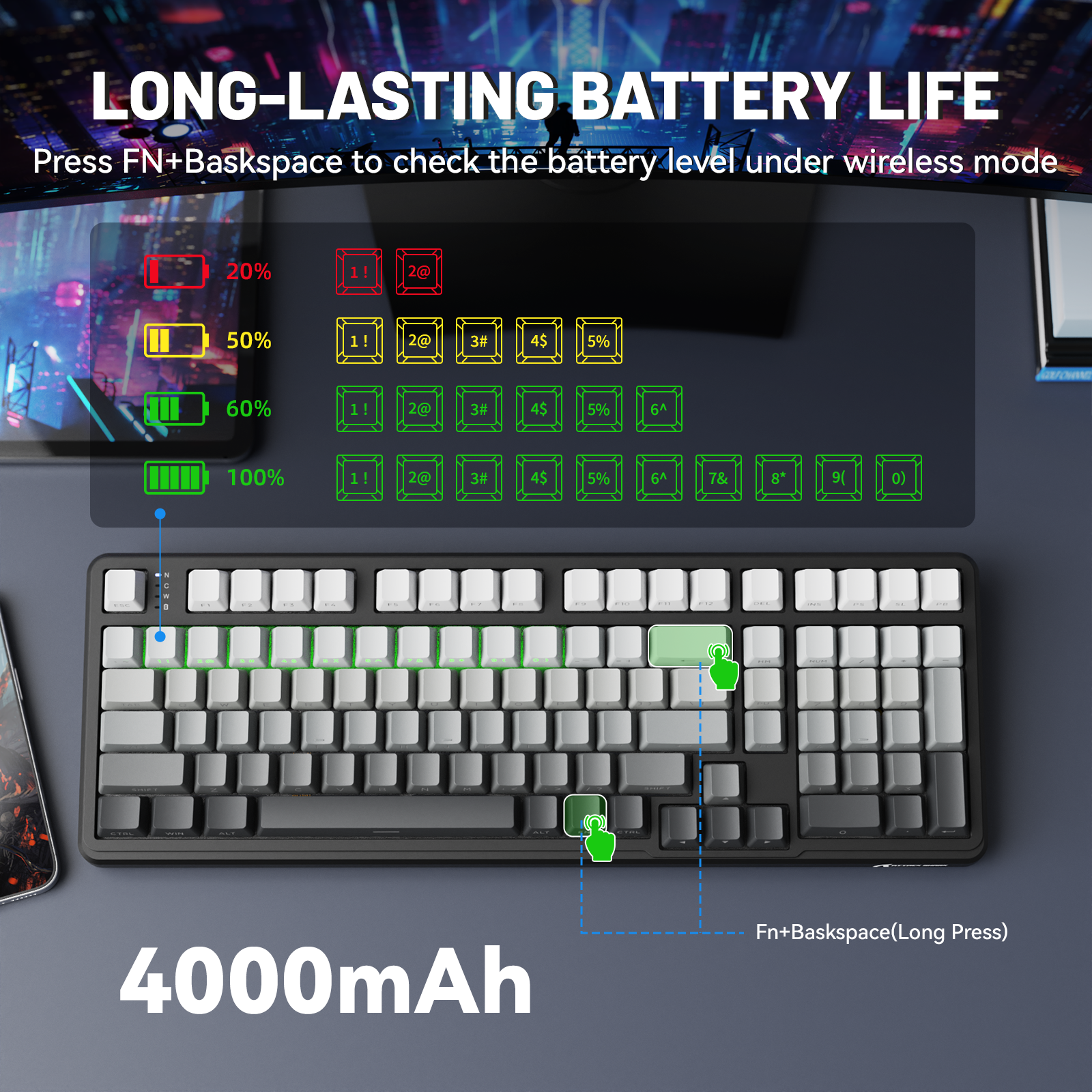 ATTACK SHARK X98 keyboard, long battery life, 4000mAh, FN+Backspace check, gradient keycaps