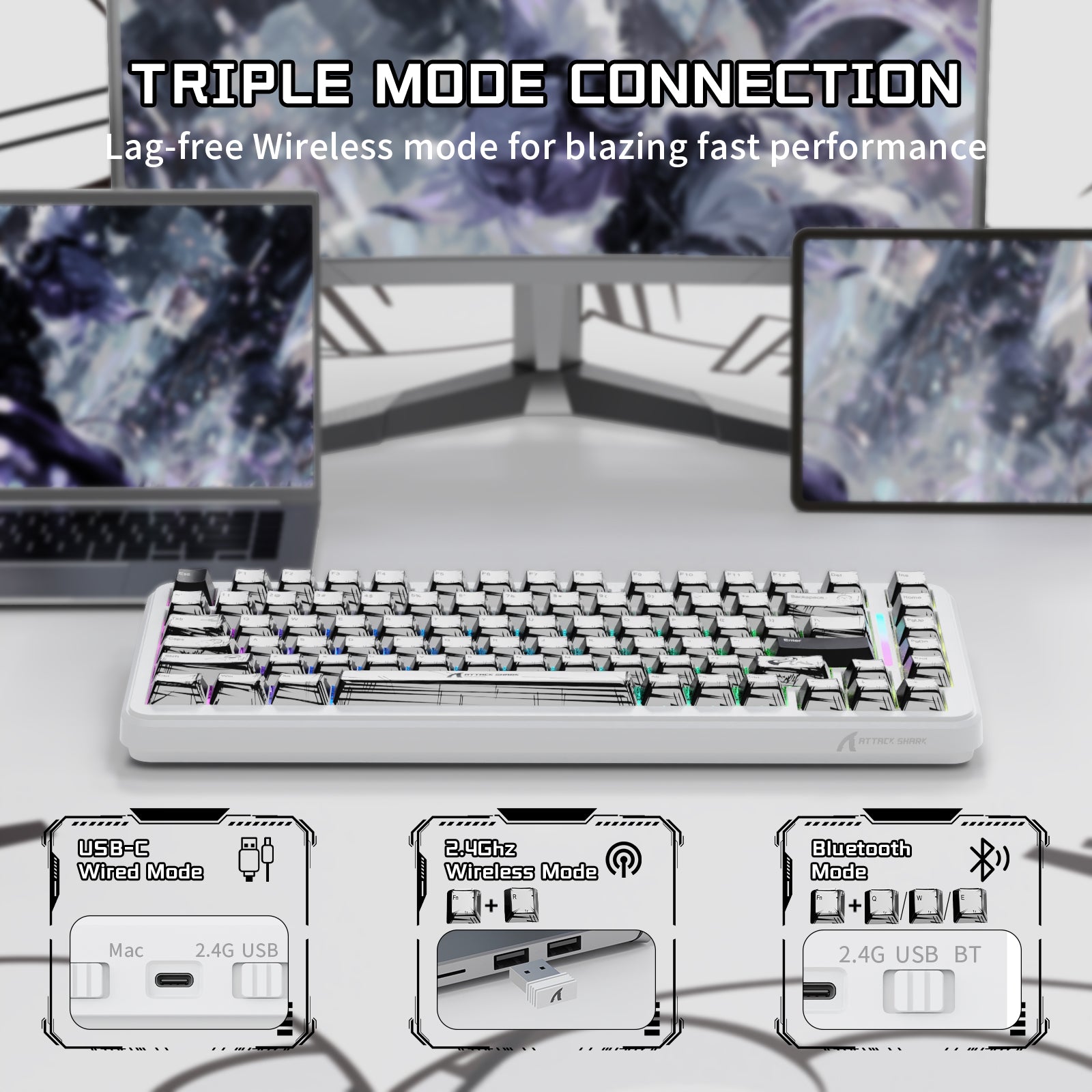 ATTACK SHARK X82PRO HE wireless gaming keyboard, white, triple mode connection (USB-C, 2.4GHz, Bluetooth).