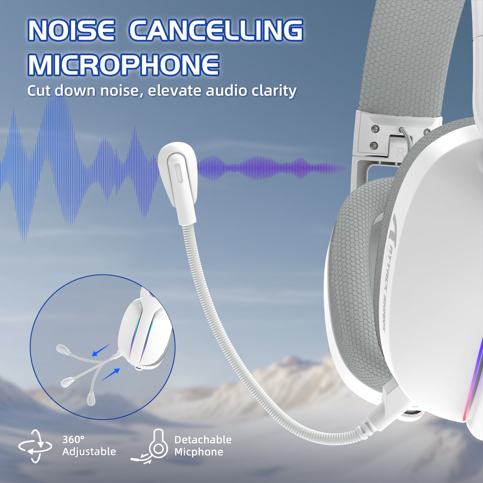 ATTACK SHARK L90 gaming headset with detachable, 360° adjustable noise-canceling microphone and RGB lighting.