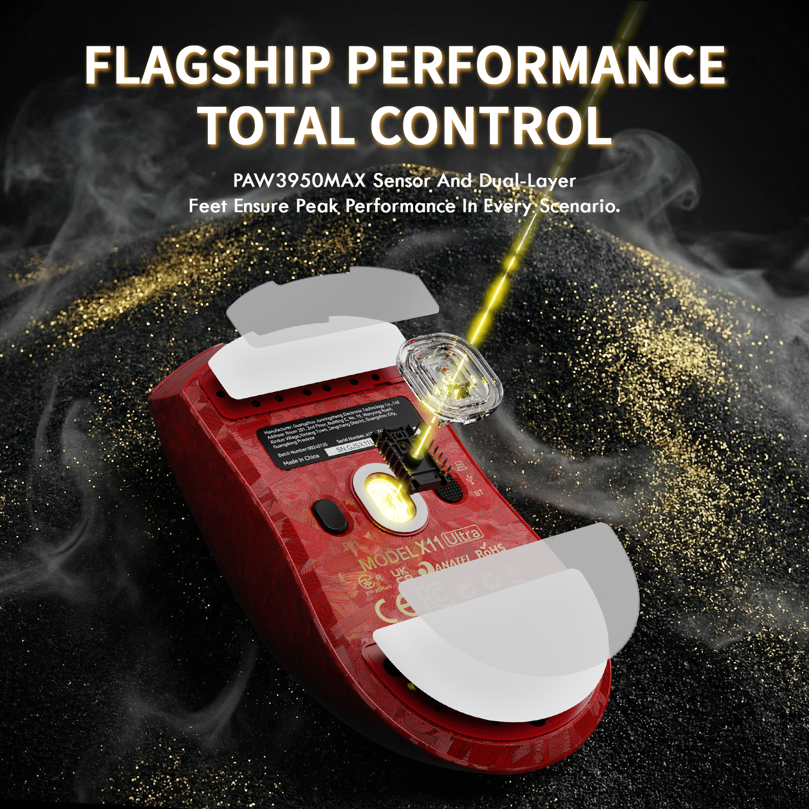ATTACK SHARK X11 ULTRA red gaming mouse bottom, PAW3950MAX sensor, dual-layer feet.