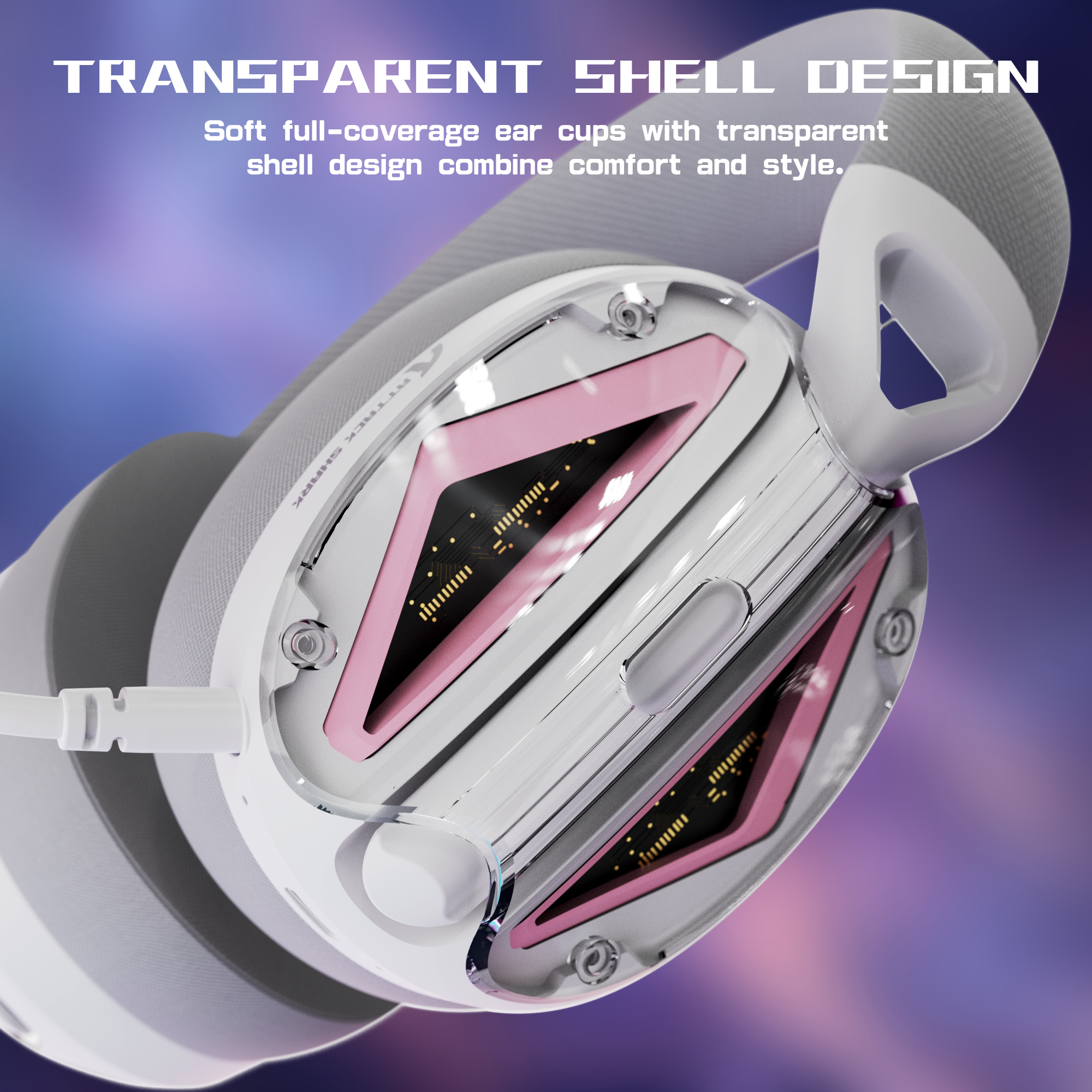 ATTACK SHARK L60 gaming headset with transparent shell, pink accents, and visible circuitry. Lightweight, comfortable design.
