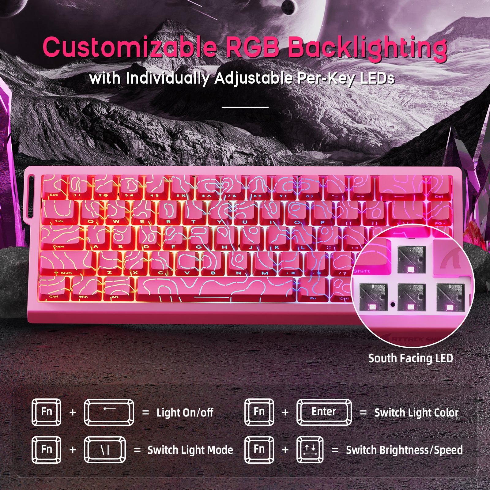 ATTACK SHARK X68HE pink magnetic keyboard with customizable RGB backlighting and per-key LEDs, 60% layout for gaming.