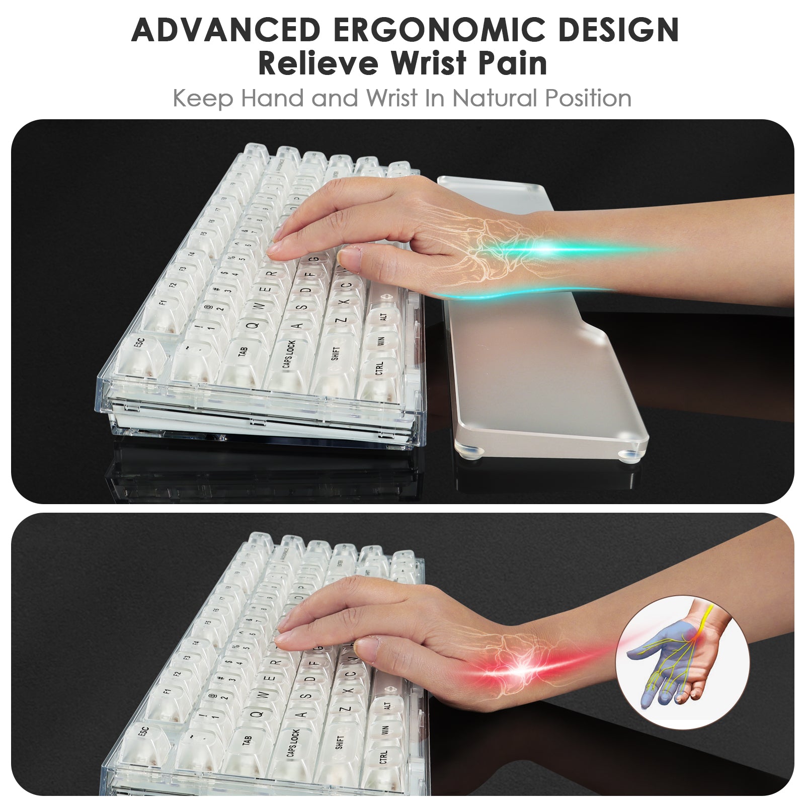 Acrylic wrist rest and keyboard designed to relieve wrist pain with ergonomic support