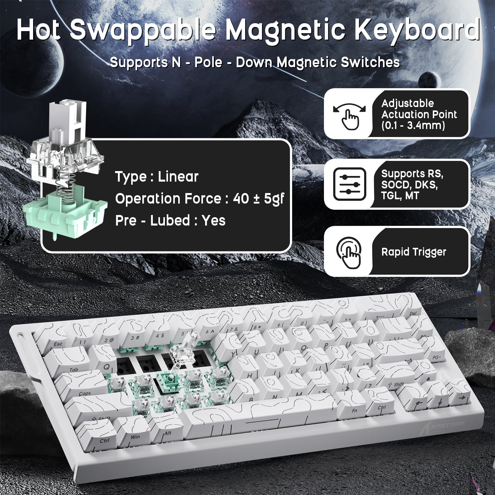 ATTACK SHARK X68HE magnetic keyboard, white, adjustable actuation, rapid trigger, with linear switches and 60% layout.