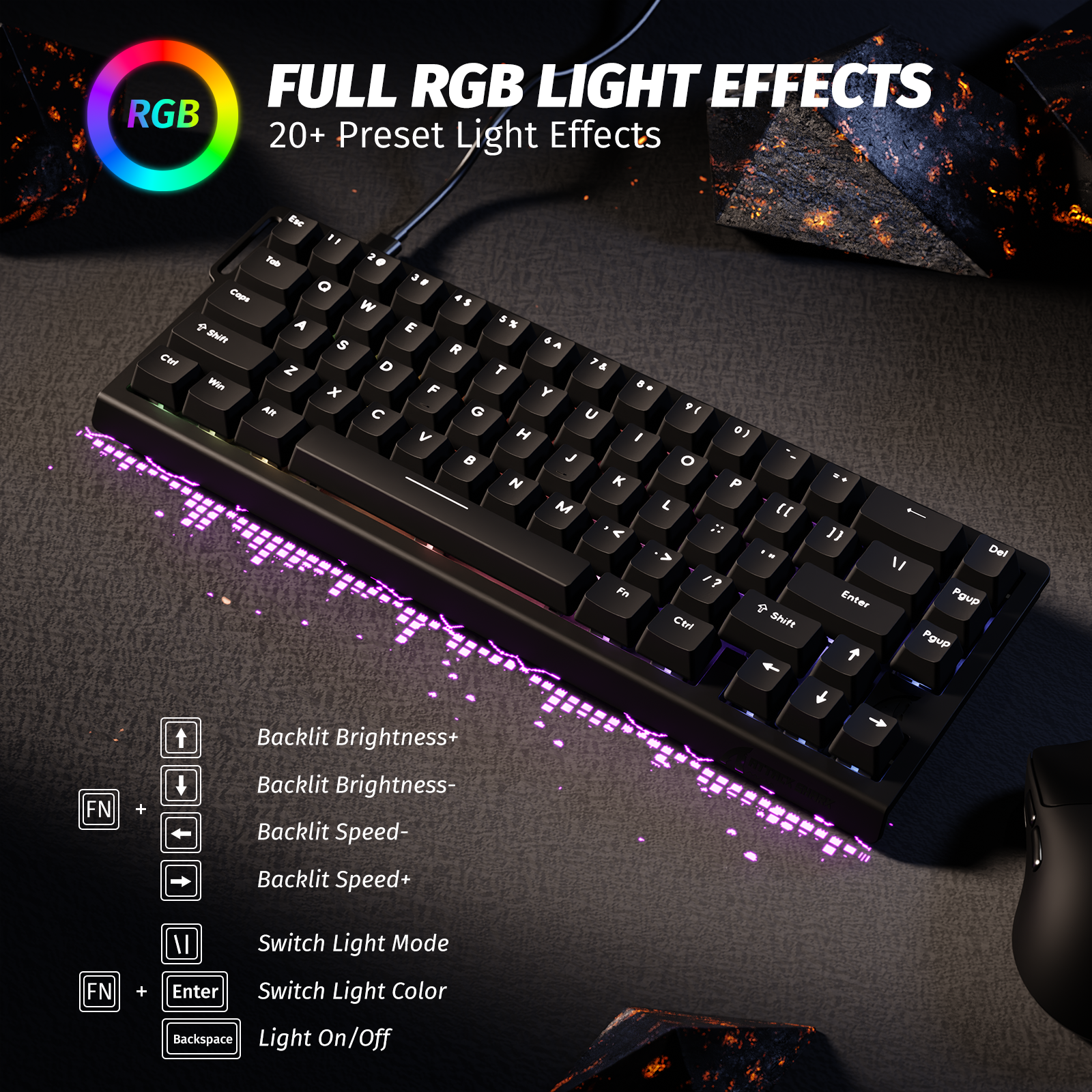 ATTACK SHARK X68 HE keyboard with dynamic RGB backlighting and 20+ preset effects, full RGB light effects for gaming.