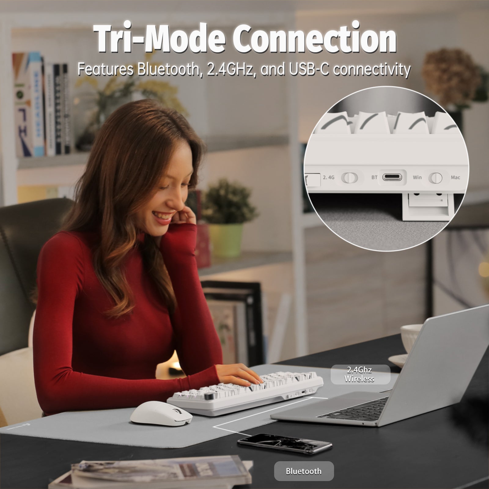 ATTACK SHARK X65PRO HE keyboard with tri-mode connection: Bluetooth, 2.4GHz wireless, and USB-C.