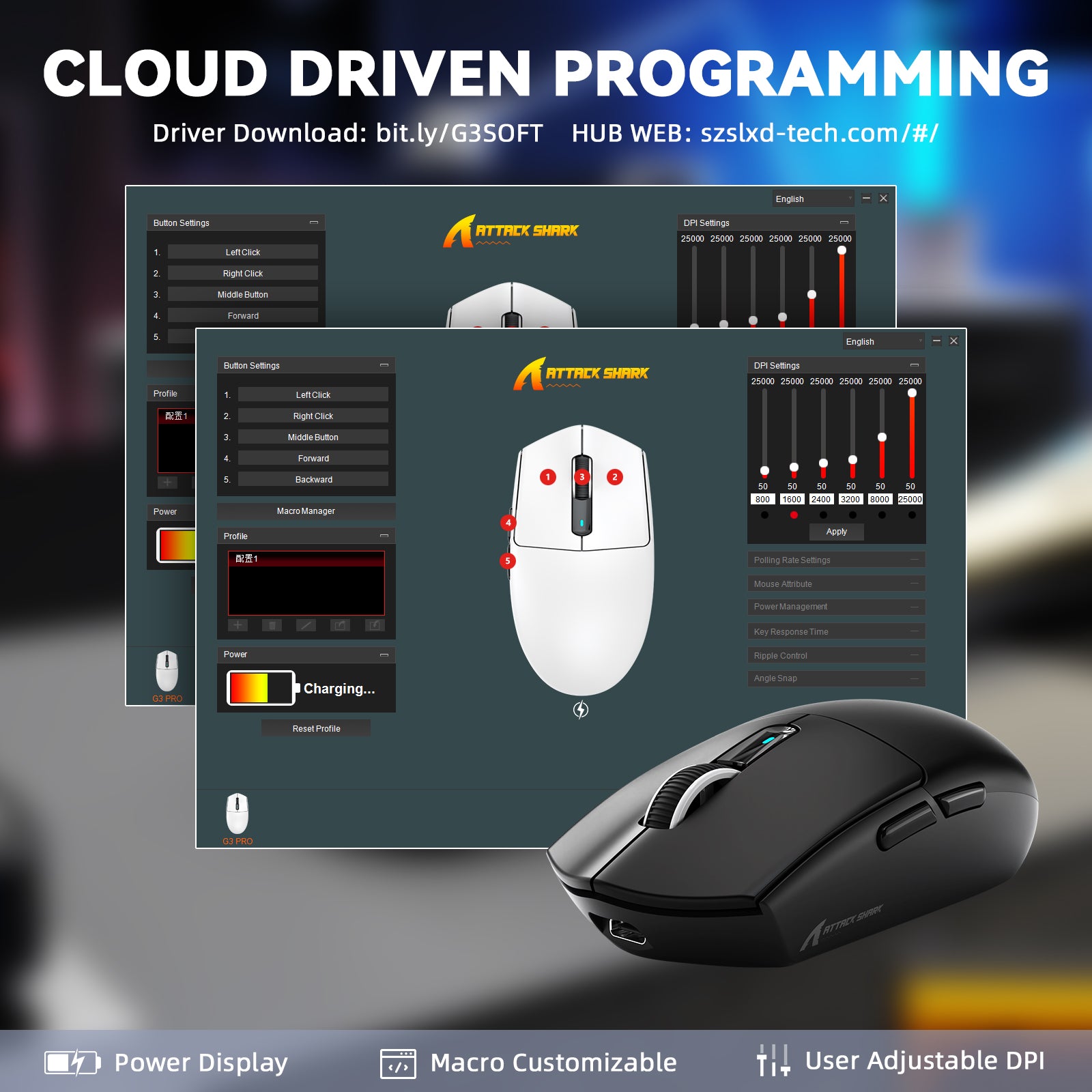ATTACK SHARK G3PRO Tri-mode Wireless Gaming Mouse with Charge Dock 25000 DPI Ultra Lightweight