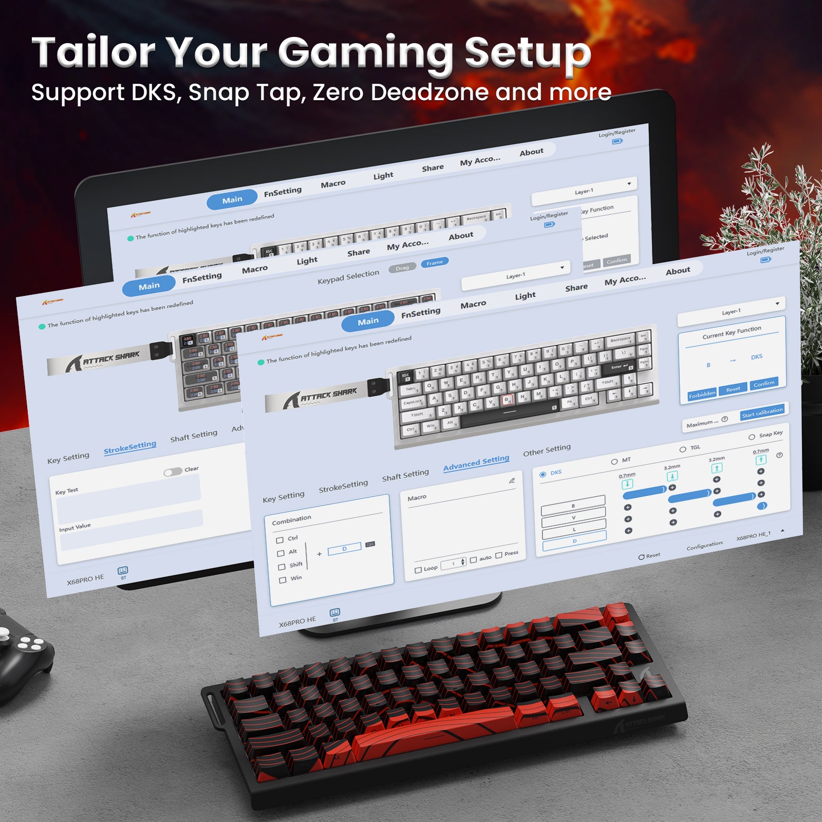 ATTACK SHARK X68PRO HE wireless gaming keyboard with red and black keycaps, shown with customization software interface.
