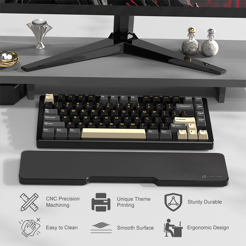 ATTACK SHARK black acrylic wrist rest with keyboard, ergonomic design, featuring CNC precision and smooth surface