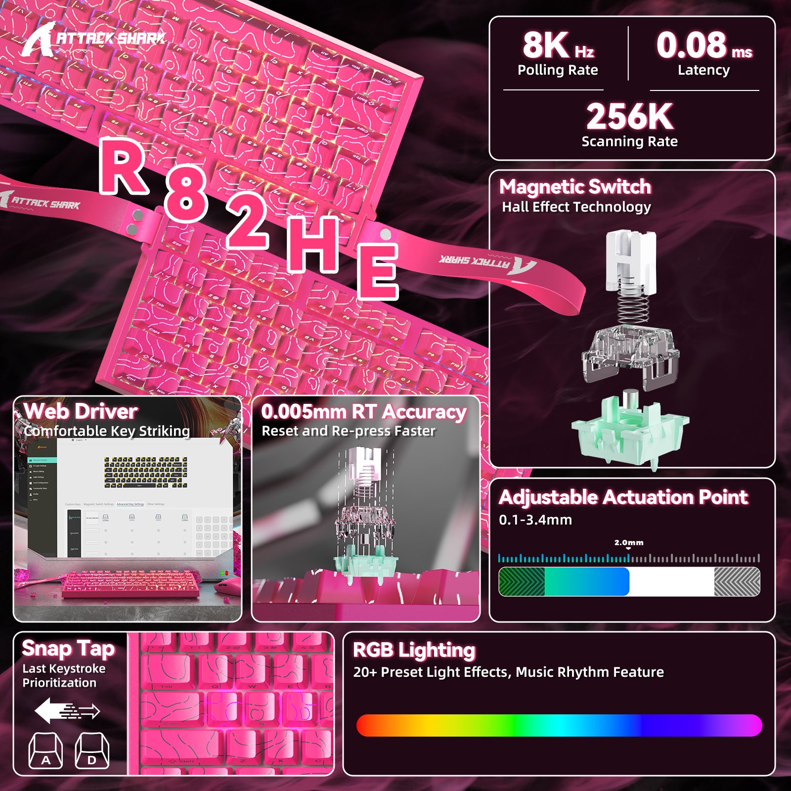 ATTACK SHARK R82 HE Rapid Trigger Keyboard Magnetic Switch with 0.005MM RT