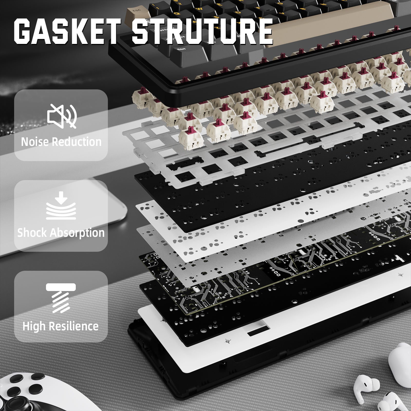 ATTACK SHARK X66 Gasket Structure, showing noise reduction, shock absorption, and high resilience. Mechanical Keyboard.