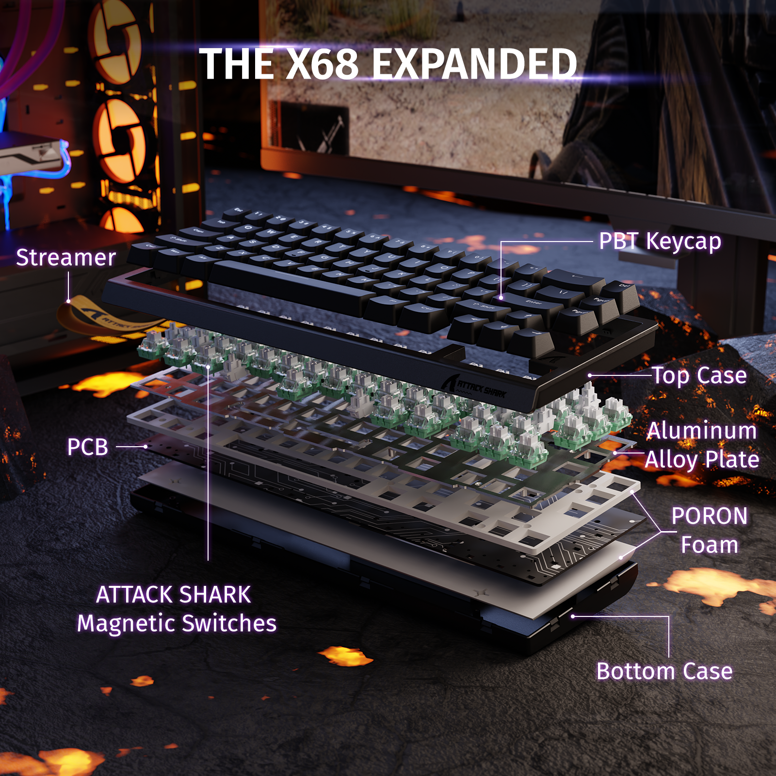ATTACK SHARK X68 HE keyboard exploded view: Magnetic switches, PBT keycaps, and internal components.