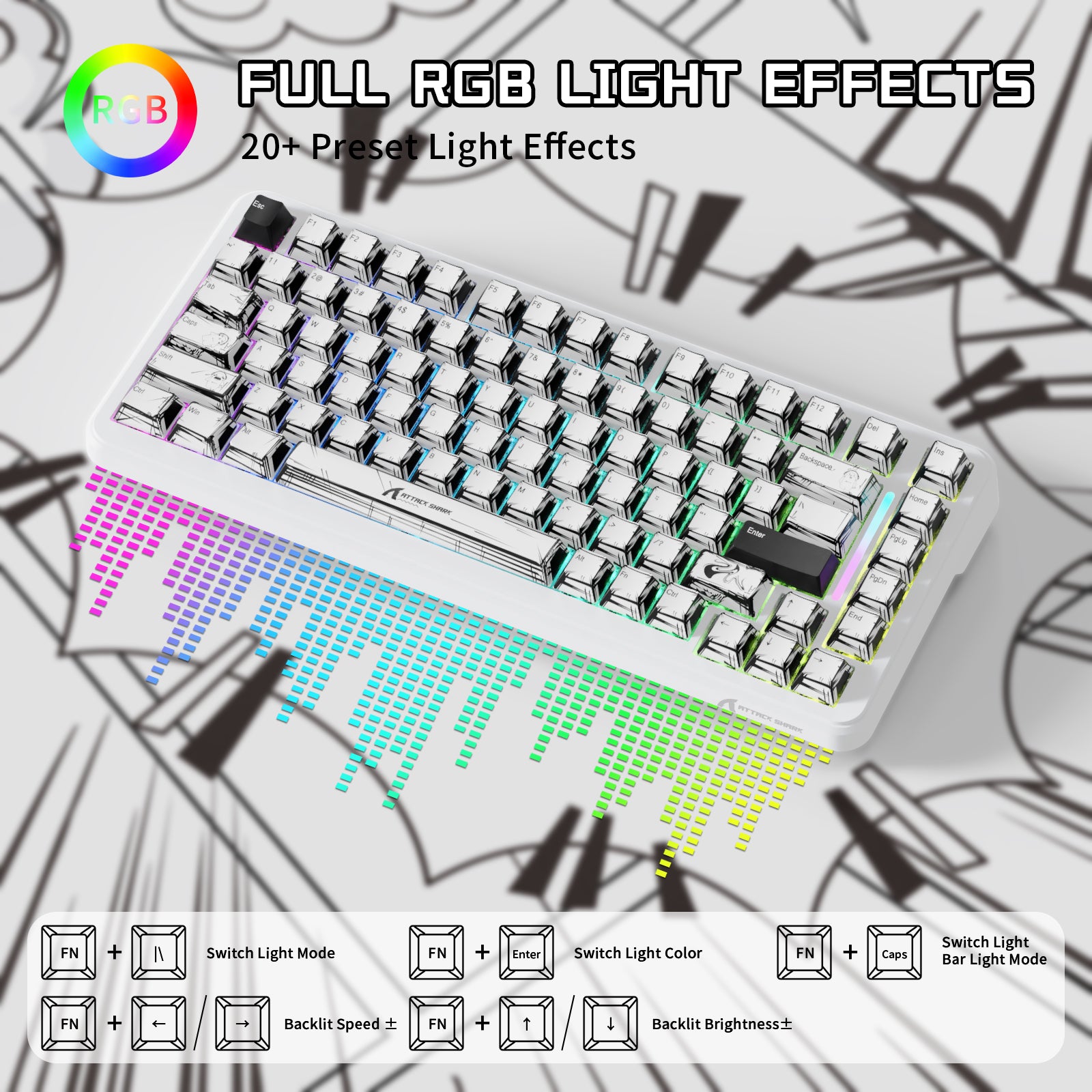 ATTACK SHARK X82PRO HE gaming keyboard with full RGB lighting effects and 20+ preset light modes, white keyboard