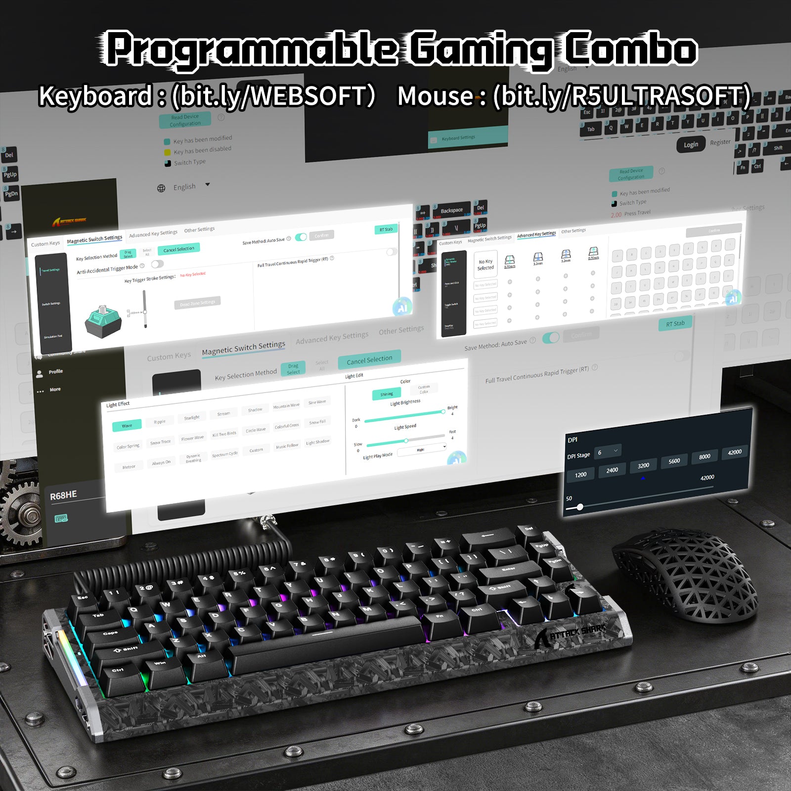 Paquete gaming ATTACK SHARK R68 HE & R5 ULTRA de fibra de carbono con cable en espiral C01 ULTRA