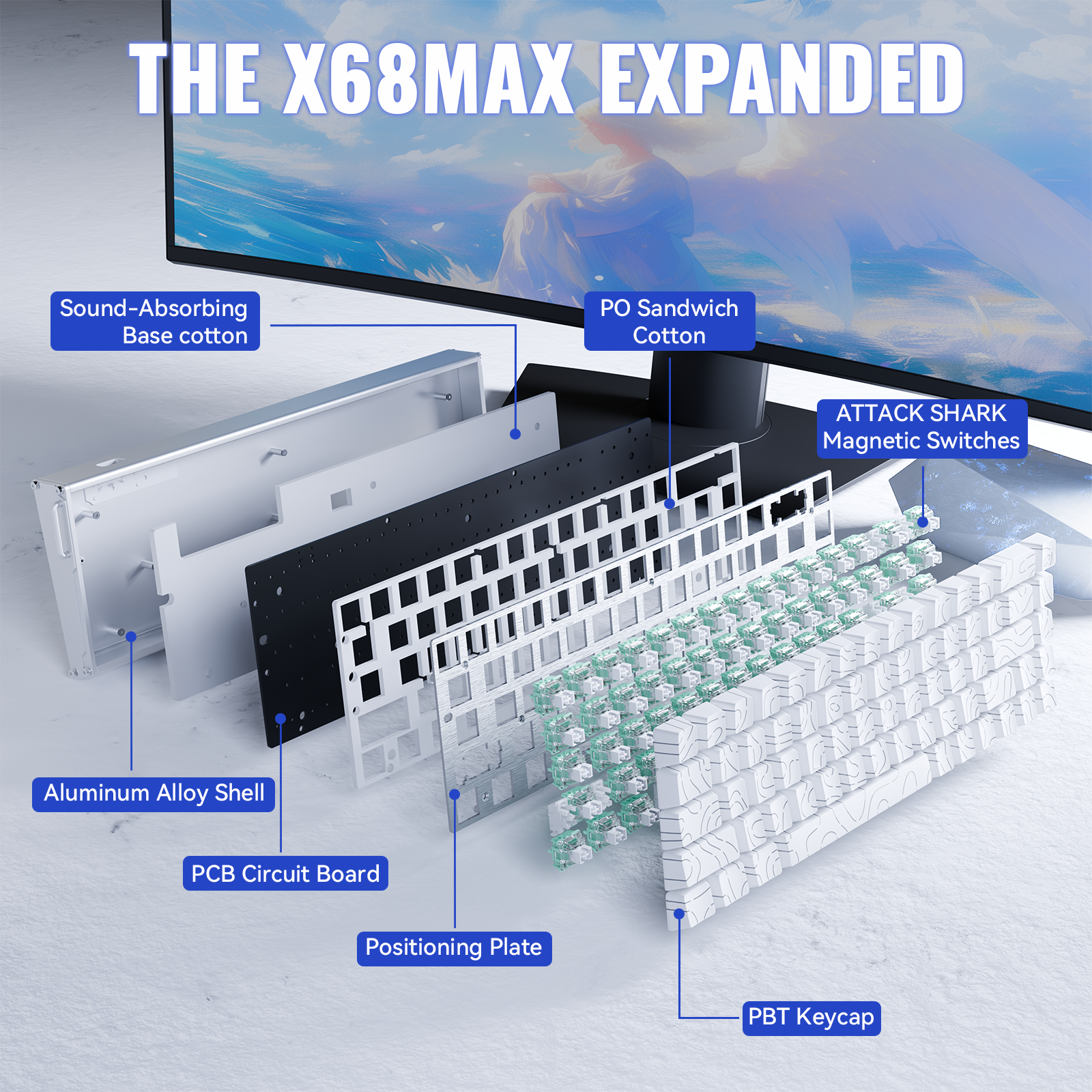 ATTACK SHARK X68MAX HE keyboard components exploded view, aluminum shell, magnetic switches, and PBT keycaps for gaming.