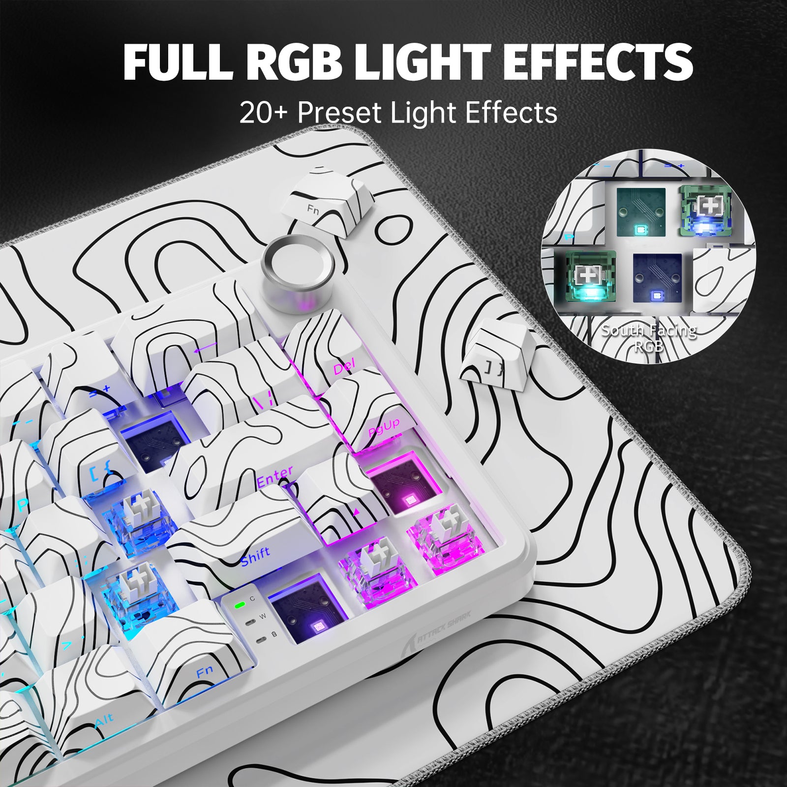 ATTACK SHARK X65PRO HE white keyboard with topographic pattern keycaps and south-facing RGB lighting.