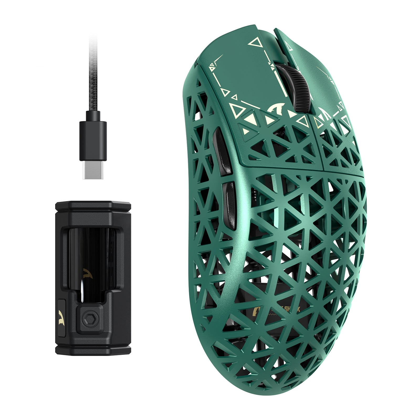 ATTACK SHARK R5 Ultra green carbon fiber gaming mouse, 8K wireless, USB-C cable, and charging dock